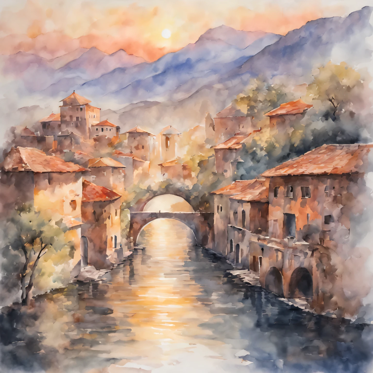 (masterpiece, best quality), traditional watercolor painting:ancient city under sunset,Warm colors,Soft brushstrokes,The game of light and shadow,Reflective water surface,peaceful atmosphere,charm,classic style,romantic atmosphere,Rose,Endless levels,soft edge,Exquisite details,fading light,distant mountains,Bright sky,peaceful