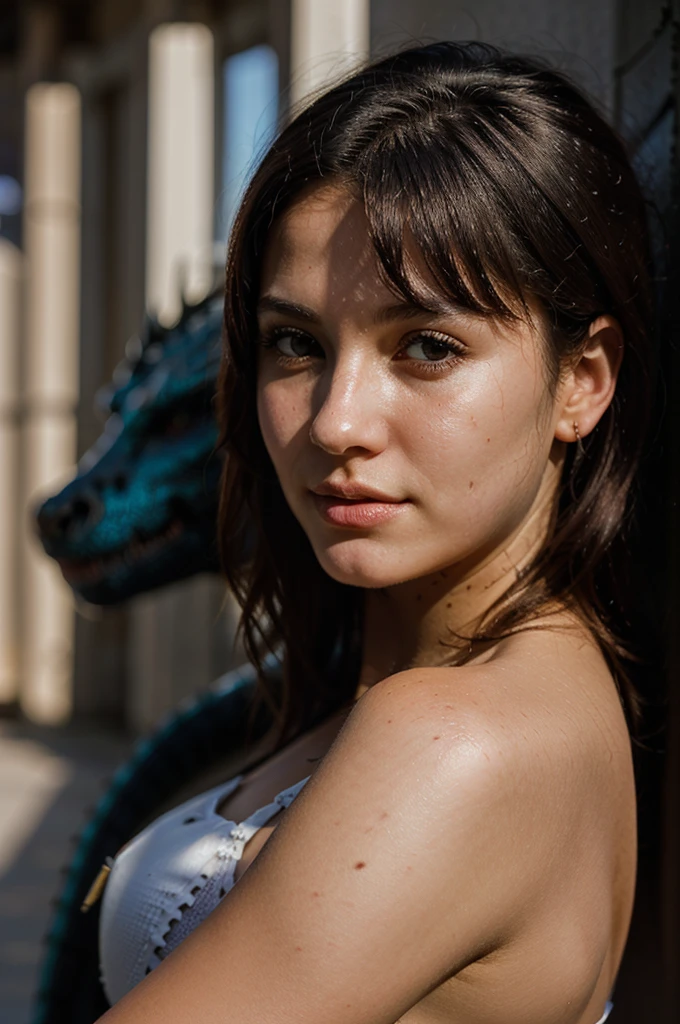 portrait of a girl with a dragon tattoo on her arm, bright colors,  hard shadows, Artistic photography, soft focus, atmospheric perspective, diffusion, pore correlation, skin imperfections, depth of field, complex natural lighting. 
