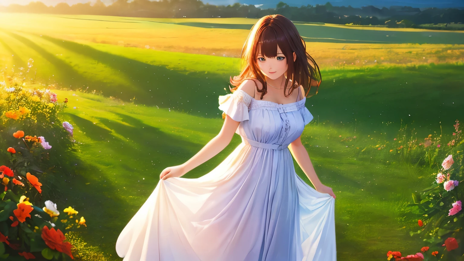 ((masterpiece,best quality,ultra detailed,ultra high res,detailed country background)),soft focus,vibrant colors,light leaks,dreamy atmosphere,chiaroscuro,BREAK 
experimental charm,nostalgic appeal, country girlfriend, she take you with yourself, simple open dress, soft nostalgic smile