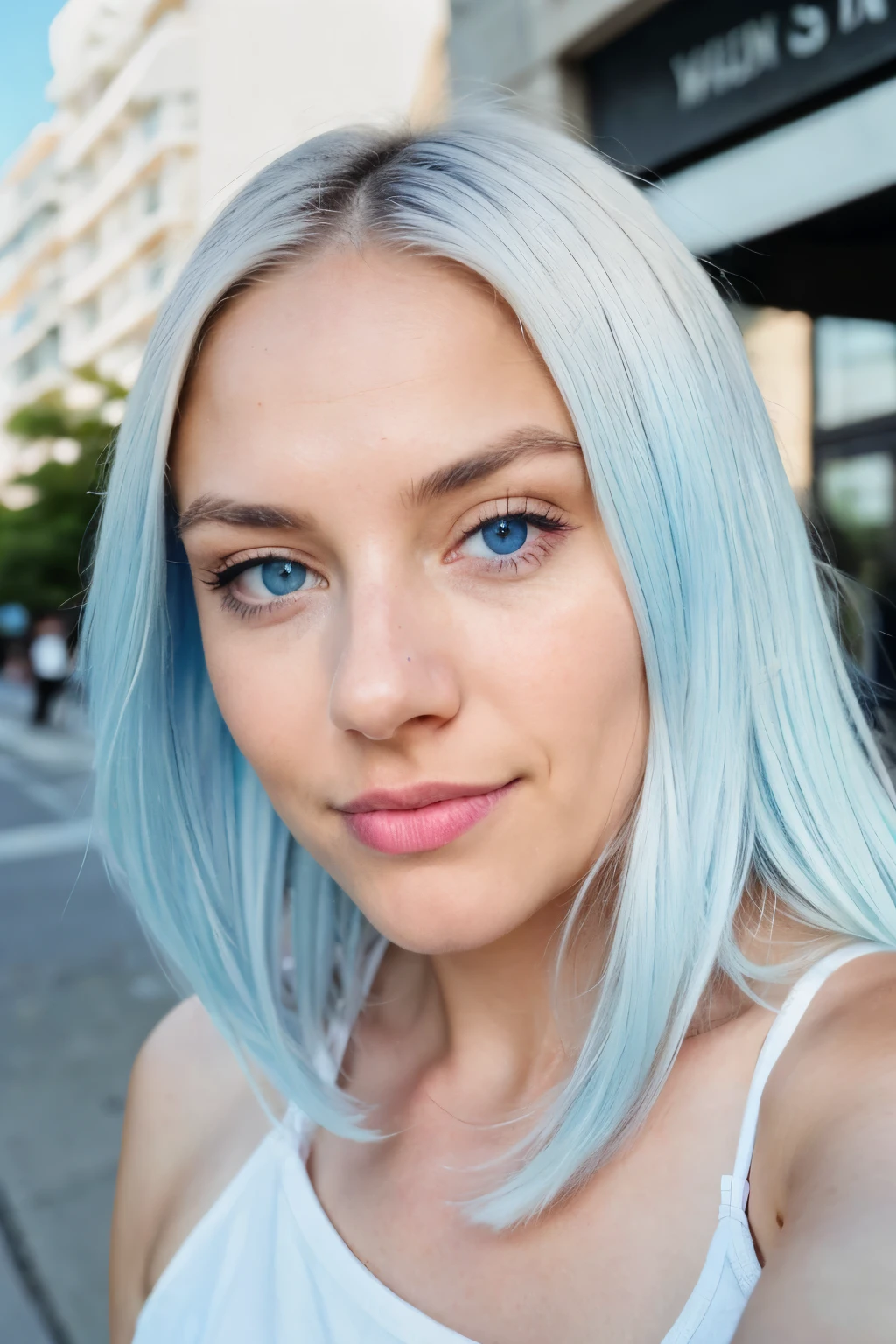 Photorealistic, Best Quality, hyper detailed ,better shadow, A photograph of the whole body from a distance, wearing clothes with a fashionable futuristic design, medium-sized bust, beautiful sexy fitness girl, 21 old years, young girl, blue eyes, symmetrical beautiful face, Blue hair, Almond eye , full lips.