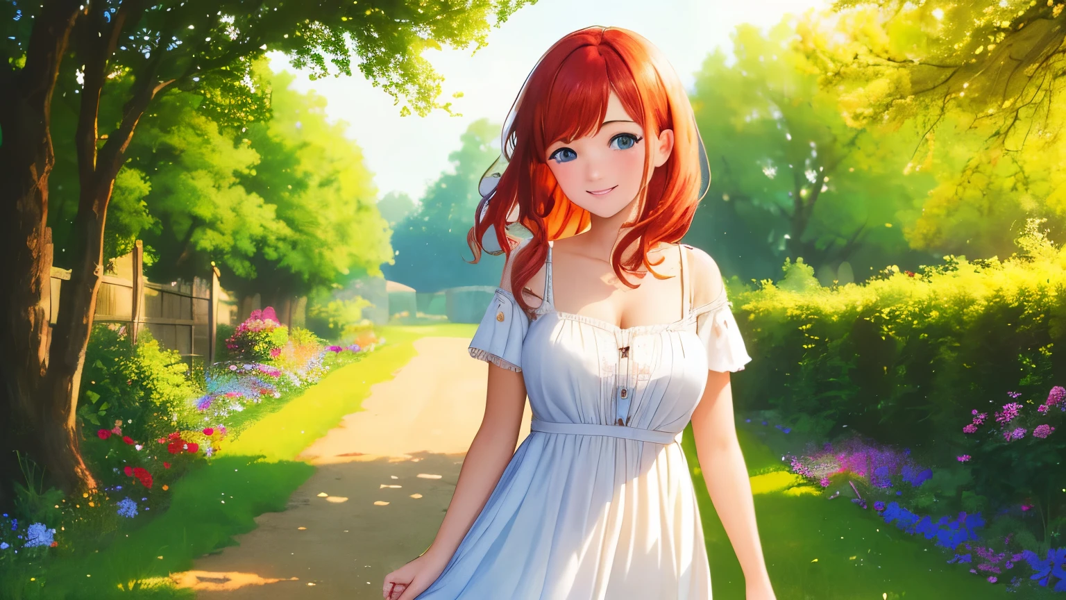 (Masterpiece, Best Quality, High Quality),Nishikino maki, Red hair, purple eyes, volumetric lighting, illustration, beautiful, upper body, (camisole:1.1), floral print, big breasts, looking to the side, confident, seductive smile, (arms behind back, head tilt:1.1), heart pendant, perfect lighting, perfect shadows, flower, (breathtaking scenery:1.1), tree, blushing
