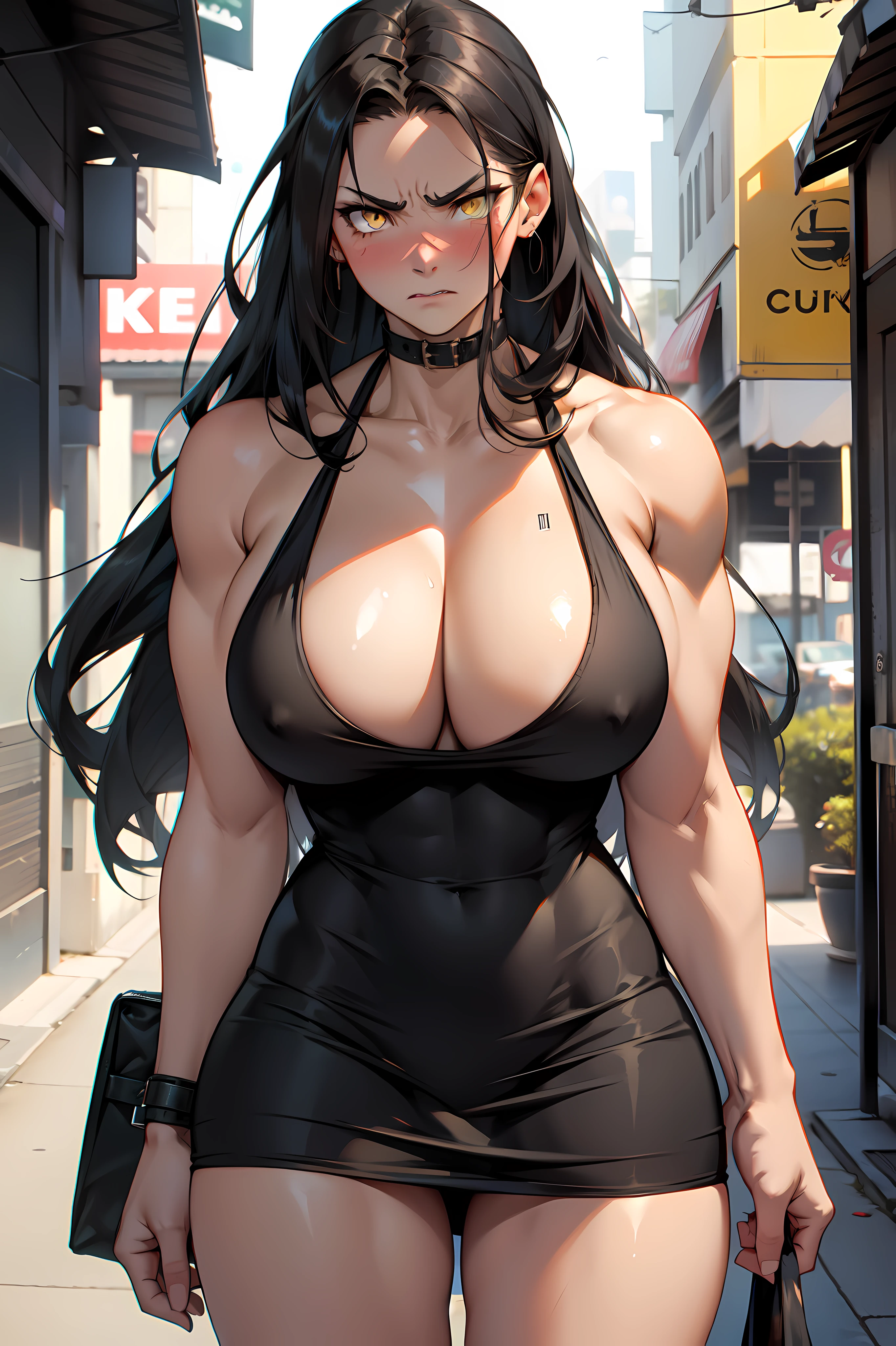 girl huge breasts bodybuilder muscular toned body pale skin black hair very long hair yellow eyes angry blushing embarrassed thick thighs sundress
