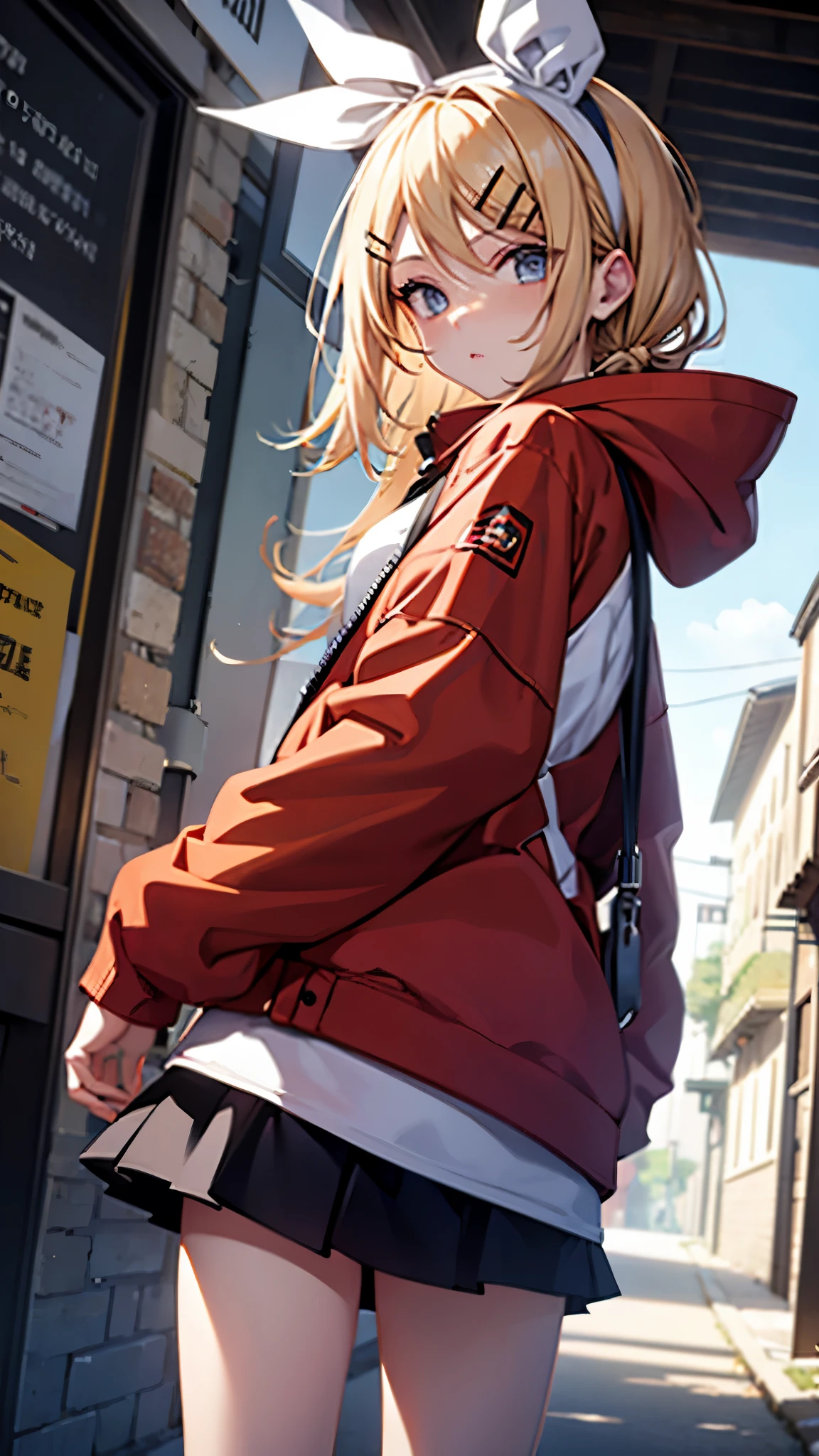 Kagamine rin , 1 girl , wearing a red hooded sweater , white miniskirt with gold horizontal lines , viendo al espectador , bragas visibles , rostro seductor , 8k