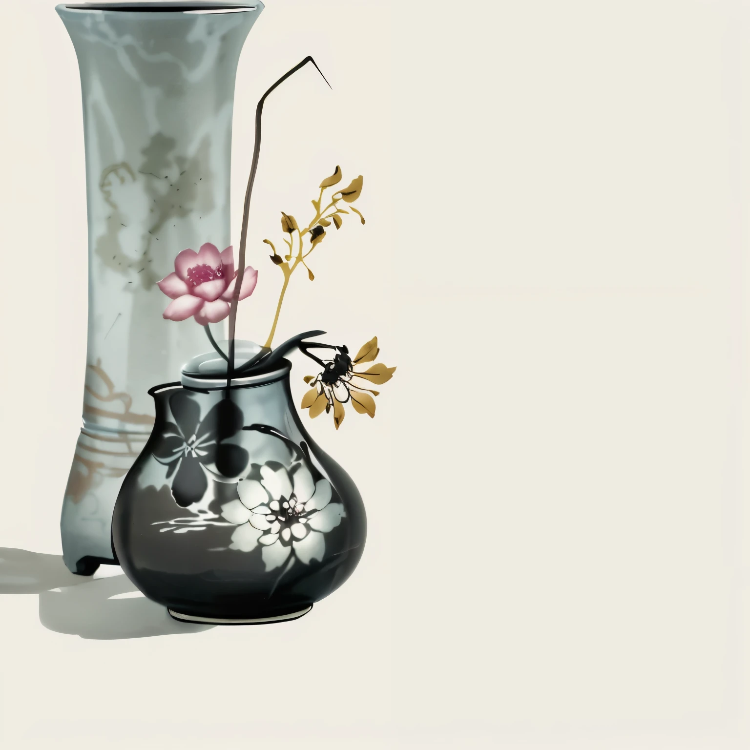 There is a small bag next to the vase，There is a flower on it, Inspired by Itcho Hanabusa, Inspired by Kano Mashin, Inspired by Katsukawa Toshito, Inspired by Toshiho Katsukawa, Inspired by Itcho Hanabusa II, hanfu, Inspired by Tananomura’s architecture