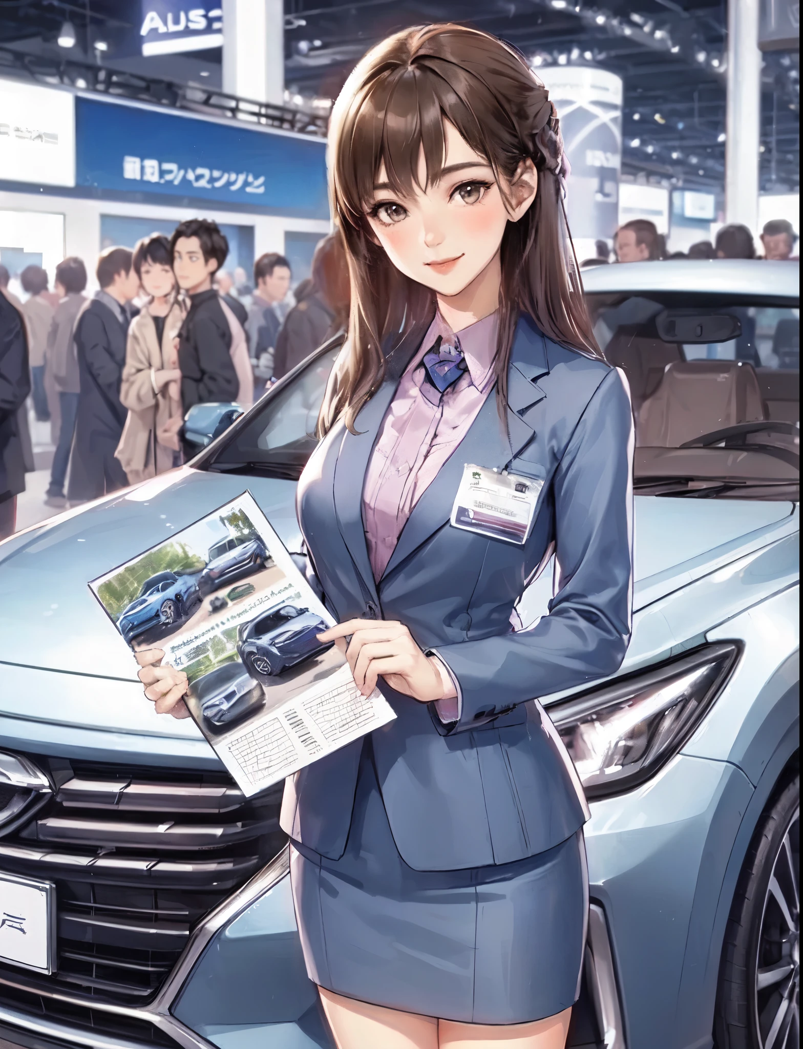 1lady solo standing, event staff (simple and chic costume), mature female, /(dark brown hair/) bangs, blush kind smile, (masterpiece best quality:1.2) delicate illustration ultra-detailed, large breasts BREAK (standing next to the latest model car), (holding pamphlet) BREAK (motor show indoors), audience, detailed background