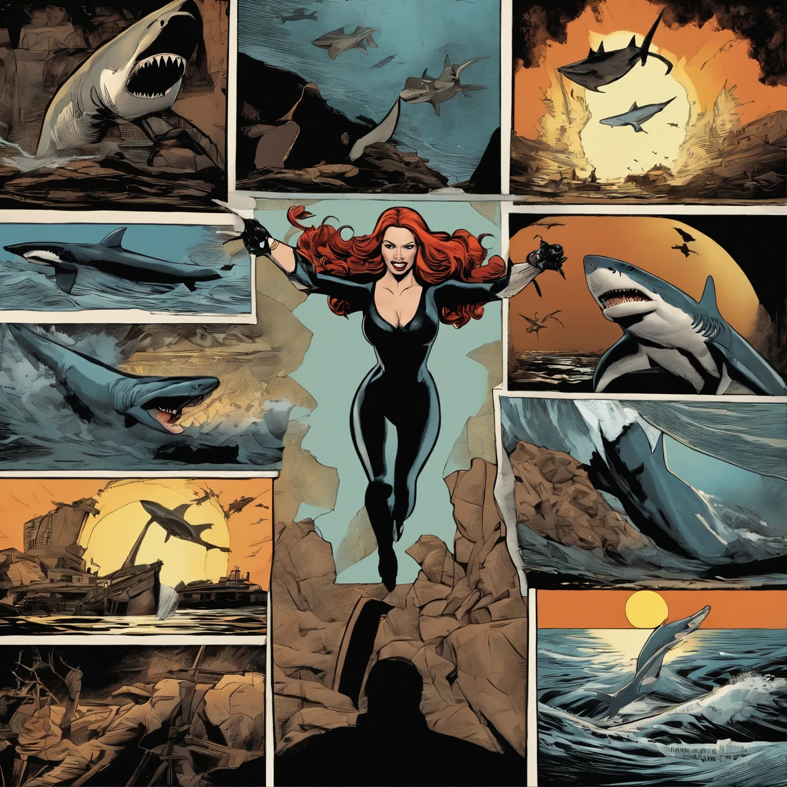 magazine comic book, 5-panel image, (Masterpiece), (Best Quality:1.2), Black Widow, history, shark illustration for a sticker with a black background, in bold outline style, jagged edges, trashcore, light shading --v 5.2