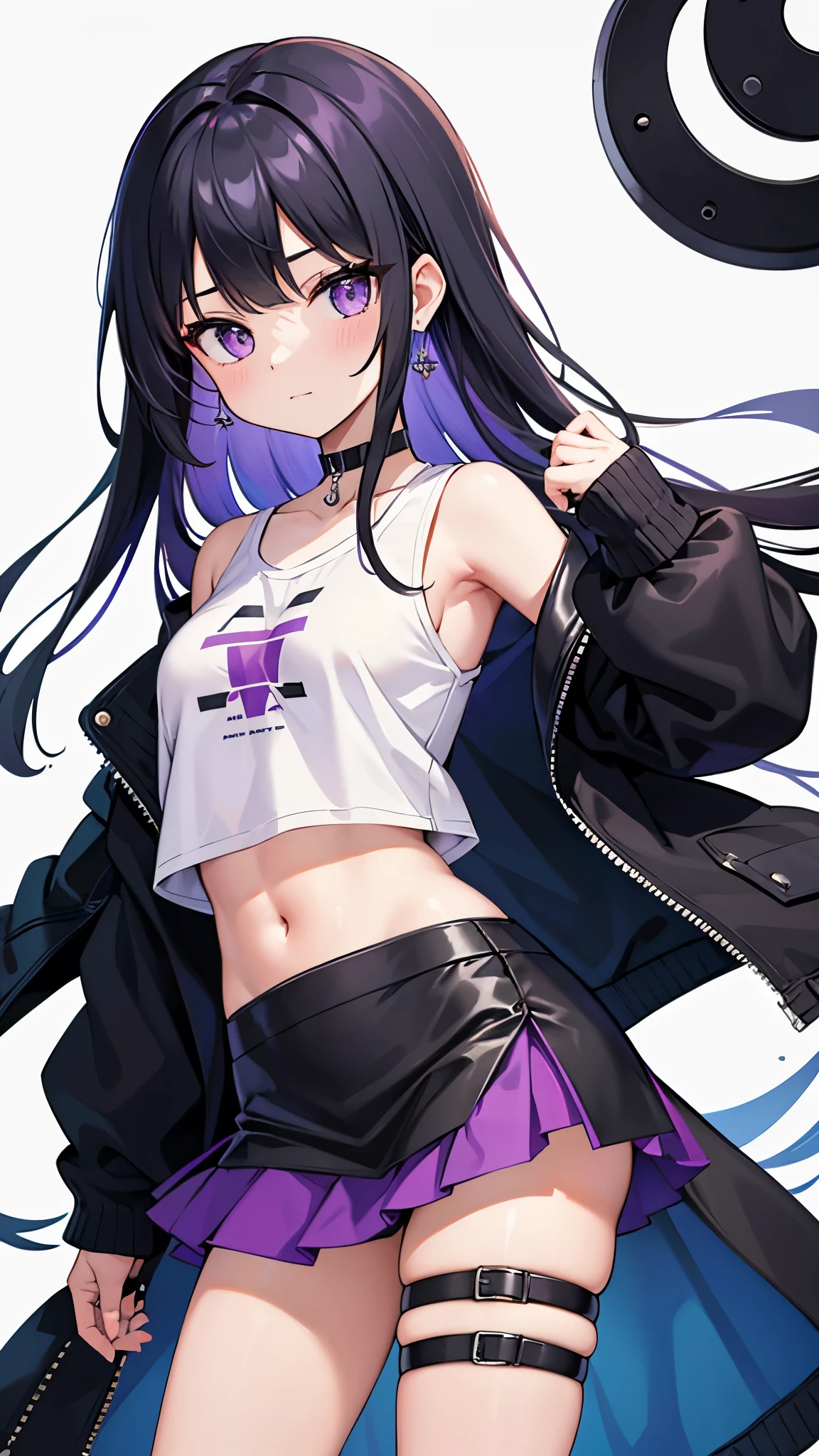 1 girl, alone, skirt, Jacket, black Jacket, White background, black hair,pure white background, choker, leather, long hair, earrings, leather Jacket, thigh strap, black hair, jewelry, put your hand on your waist, shirt, open Jacket, abdomen, cowboy shot, colored inner hair, bangs, white shirt, black choker, miniskirt, purple skirt, open clothes, purple eyes, long sleeve, chest, two tone hair, looking at the viewer, Are standing, closed mouth, black hair, Raise your hand, crop top, looking to the side