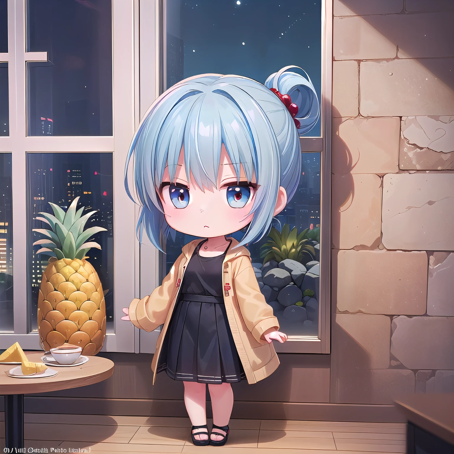 ((Chibi, miniature, REAL, pineapple, 3DCG, Nendoroid, 1 girl: 1.3)) ,(Masterpiece, almond-shaped eyes, glossy white-blue hair, short chignon hair, top quality, carefully drawn fingertips, beautiful anatomy : 1.4), (full body: 1.3), (Red cheeks, indifference, no expression, hair blowing in the wind: 1.2), (Slim and warm clothes, baggy clothes,warm long skirt,food Parker one piece,Celebrity Lifestyle: 1.2), (night,pineapple building,stone wall,Window,tea room:1.3)