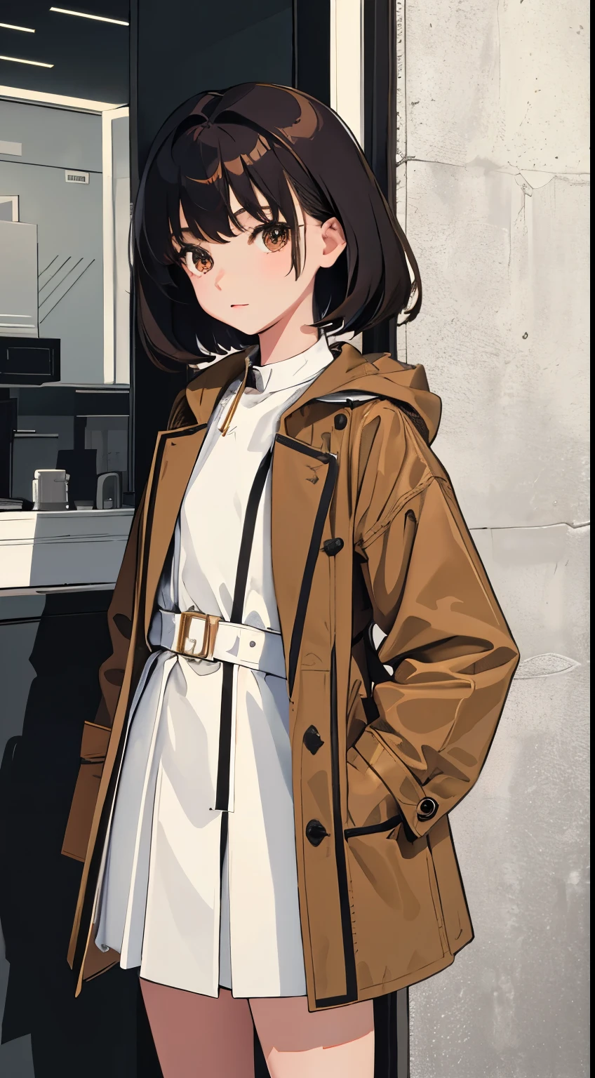 (short cute girl, young studeg delicate girl),(masterpiece,Top quality),duffle coat,(Brown coat),black hair