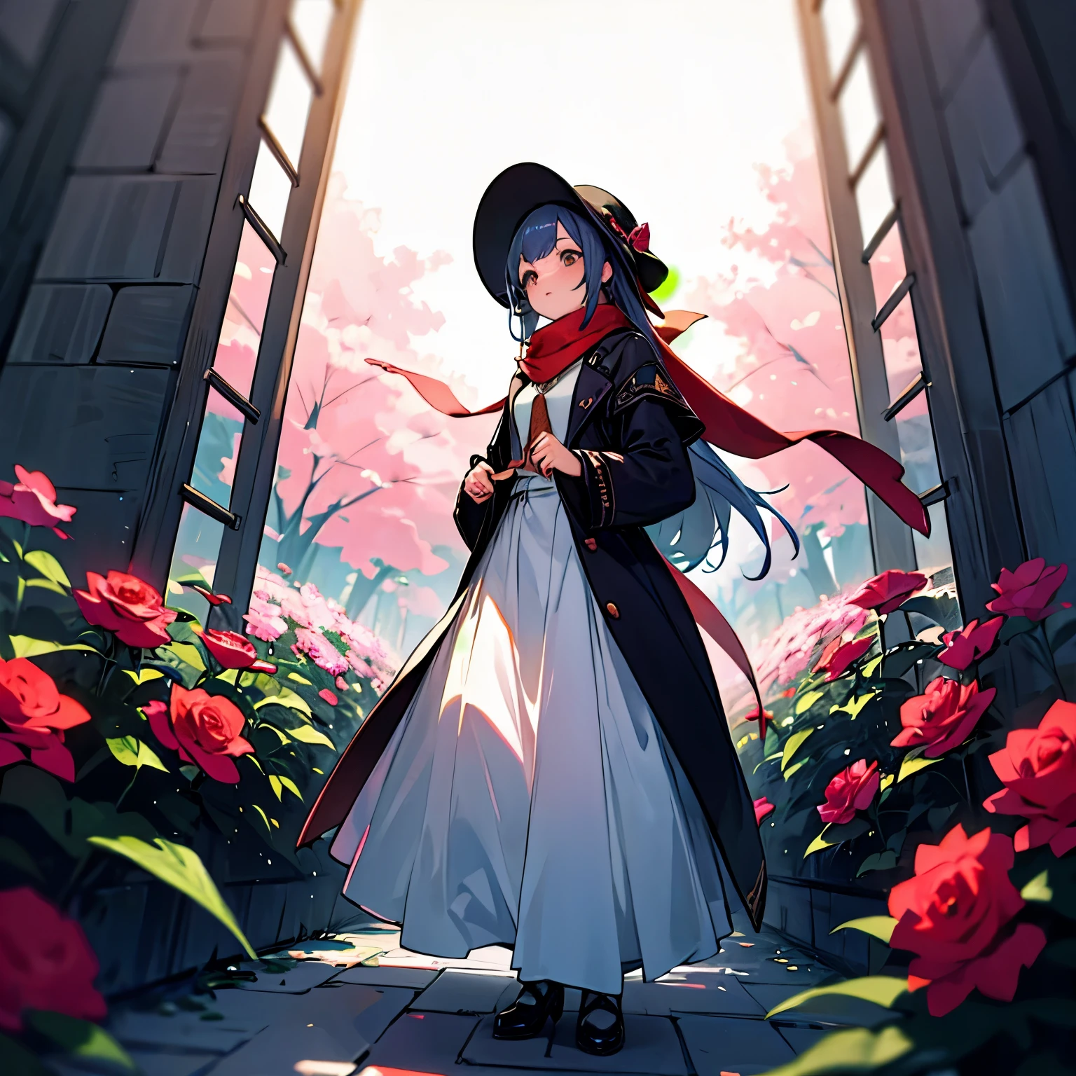 A cute girl standing in a. Rose garden, wearing long dress, scarf and a hat, "masterpiece" , "low angled image"