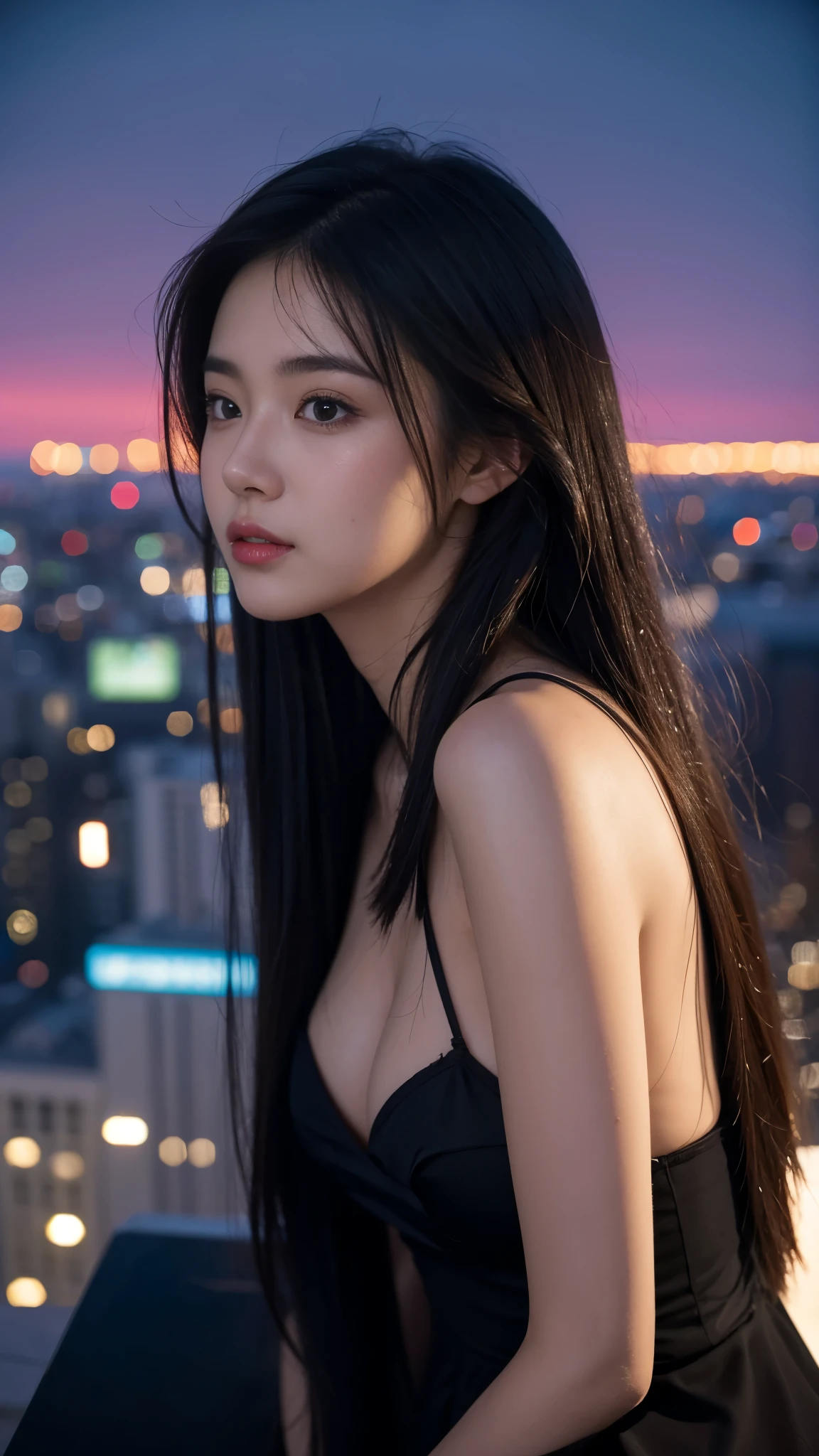 Close up A girl on the night city in roof top 