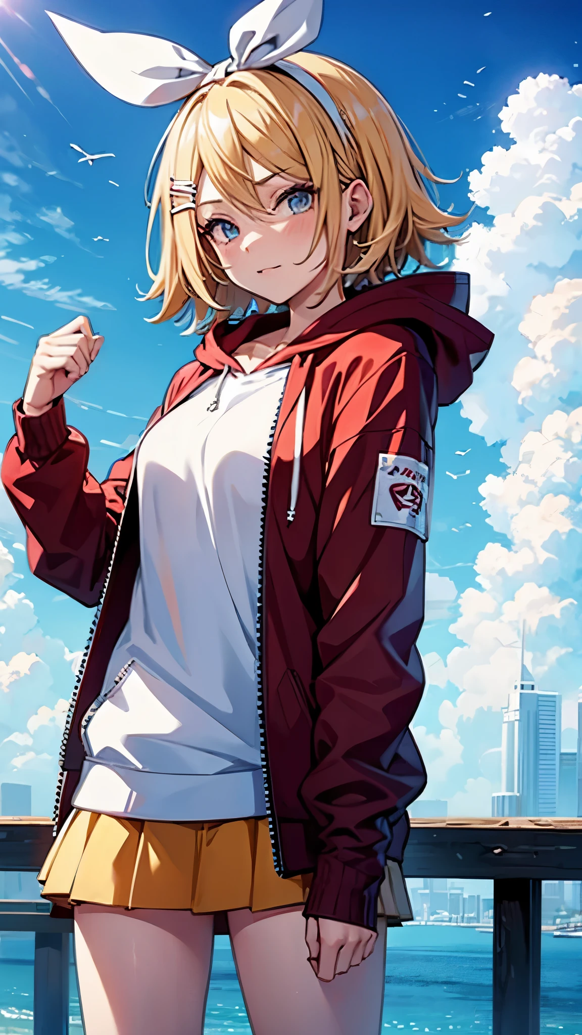 Kagamine rin , 1 girl , wearing a red hooded sweater , white miniskirt with gold horizontal lines , viendo al espectador , bragas visibles , rostro seductor , 8k