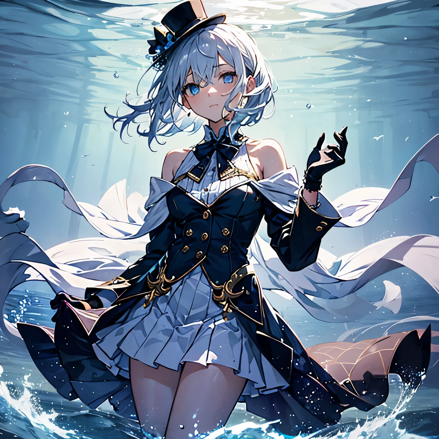 In the midst of a poignant scene, a young girl with short, white hair finds herself submerged in water, embodying a profound sense of sadness. Her locks, resembling freshly fallen snow, gently sway in the underwater current. Heterochromia graces her eyes with a captivating duality – one eye a deep, dark blue, while the other sparkles in a lighter, almost ethereal shade.
Adorned in a unique ensemble, she wears a stylish blue top hat adorned with intricate golden details, serving as a distinctive accessory to her elegant appearance. A deep blue blazer drapes over her shoulders, and a short white skirt with a graceful blue accent along the side complements her attire. Her ensemble is completed with gloves that add a touch of refinement.
The girl strikes an elegant pose despite the water surrounding her, as if the aquatic environment is but a backdrop to her silent sorrow. Her expression, etched with sadness, hints at a story untold, a narrative of emotions as deep and vast as the waters around her.
As she submerges, the water seems to embrace her form, creating a surreal dance of elegance and melancholy. The overall image captures a moment of beauty amidst sorrow, leaving observers to ponder the emotions that ebb and flow in the submerged scene.