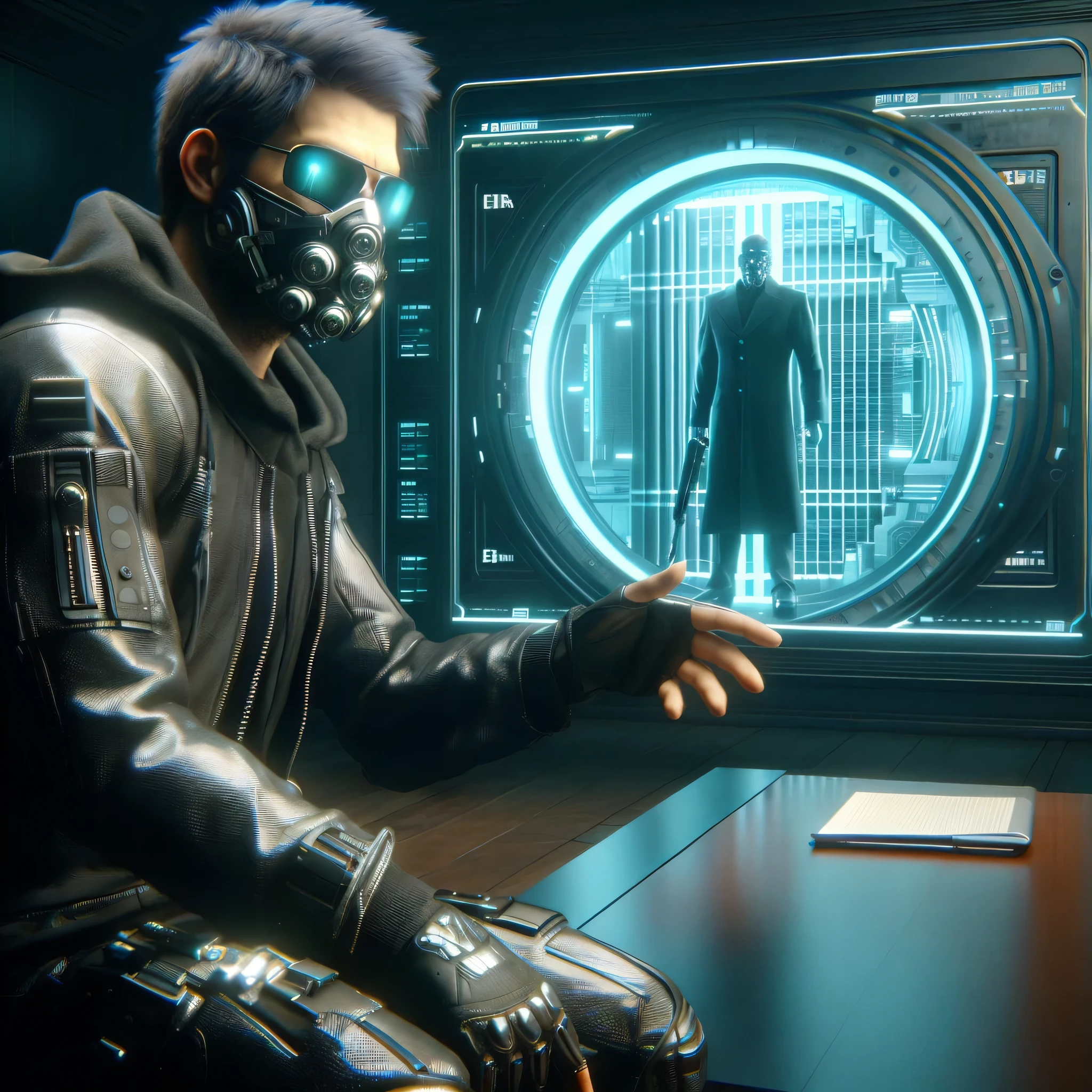 there is a man in a gas mask sitting in front of a computer, cyberpunk art ultrarealistic 8k, cyberpunk 8 k, hyper-realistic cyberpunk style, in cyber punk 2077, cyber suit, scifi cyberpunk, portrait of adam jensen, cyberpunk suit, in cyberpunk 2077, cyberpunk character, cyber noir