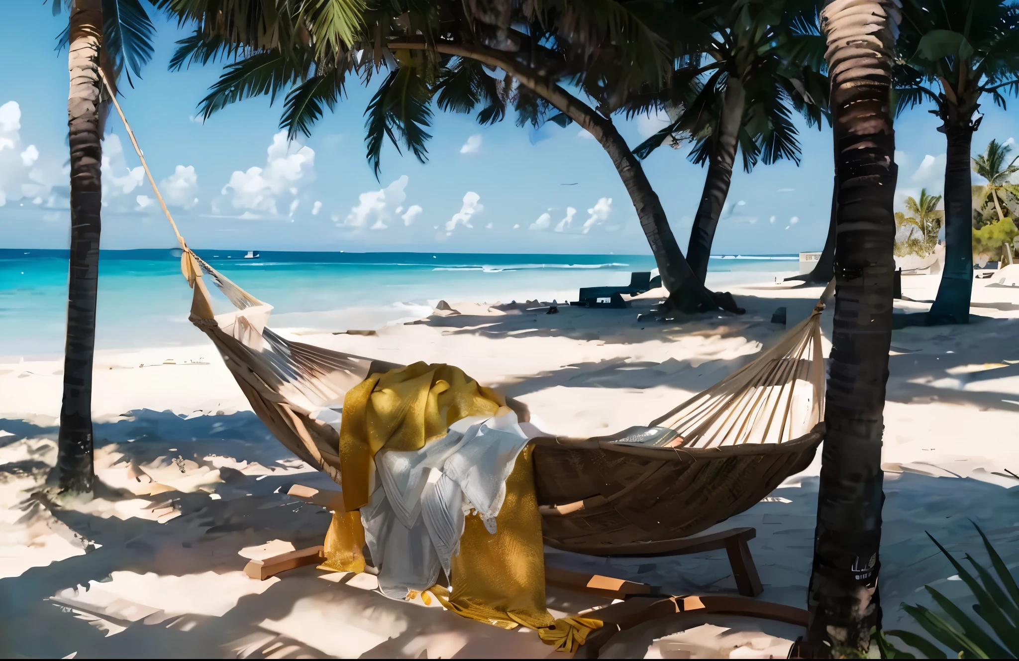 There is a hammock on the beach，There are palm trees, Draped in shining gold and silver, serene beach environment,golden background,carribean white sand, relaxing on the beach, relaxing at the beach, Close to the beach, real reality images