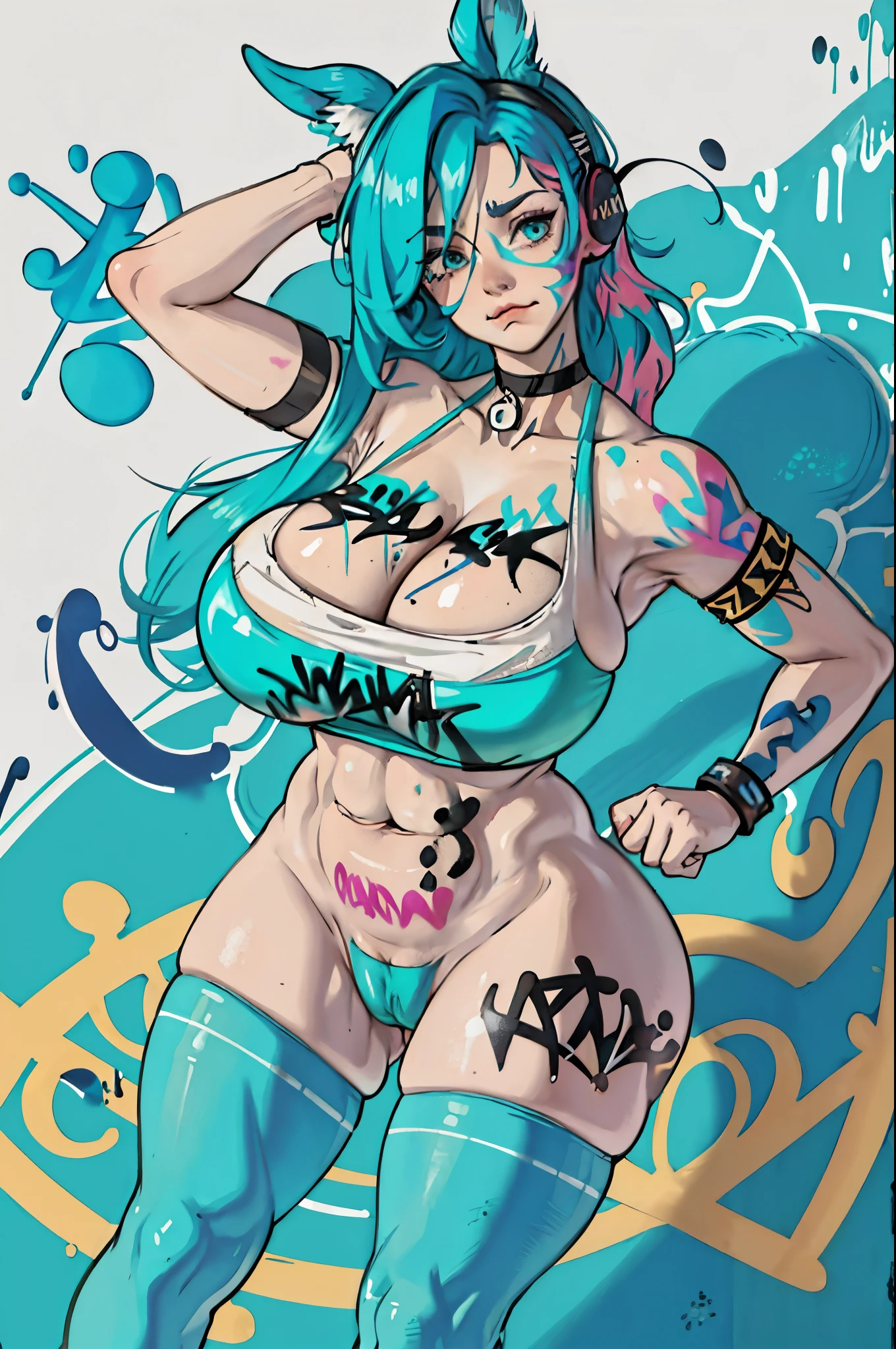 masterpiece, best quality, 1girl, solo, crop top, ((colossal cleavage:1.3)), gym leggins, choker, (graffiti:1.5), paint splatter, arms behind back, against wall, looking at viewer, armband, thigh strap, paint on body, head tilt, bored, multicolored hair, aqua eyes, headset, peepshow, nipslip(((petting cameltoe)))