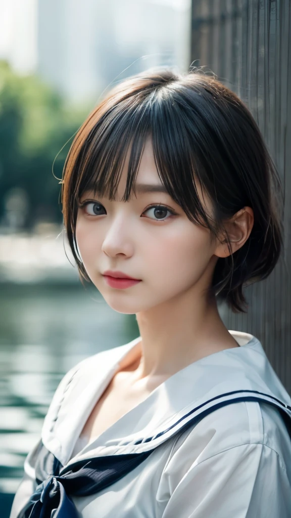 Cute girl tied up、beauty、Even out the eyey hands are tied with ropes、Inside the hotel room、White short sleeve shirt、Navy blue standing in front of a wall、Age 25、Medium build、Small face、, light brown hair, shiny hair, hair over shoulder, expressive hair, straight hair, asymmetrical bangs, seductive smile, Surrealism, Verism, depth of field, cinematic lighting, first-person view, Nikon, f/1.2, UHD, anatomically correct, textured skin, best quality, highres, 8k