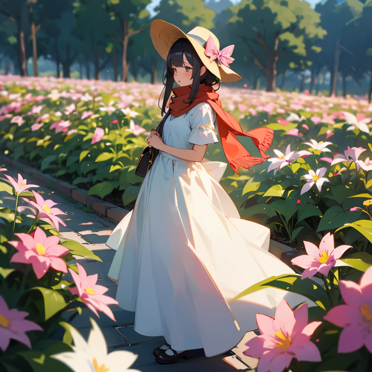 A cute girl standing in flowery garden, wearing long dress, scarf and a hat, "masterpiece" , "low angled image", "high resolution"