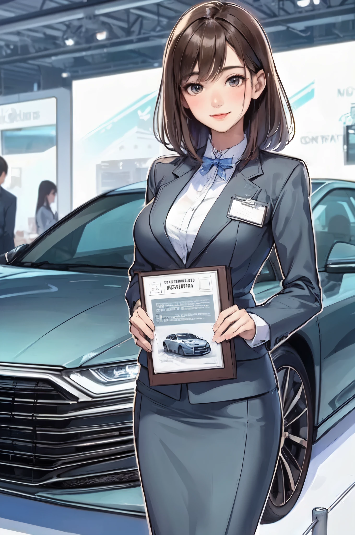 1lady solo standing, event staff (simple and chic costume), mature female, /(dark brown hair/) bangs, blush kind smile, (masterpiece best quality:1.2) delicate illustration ultra-detailed, large breasts BREAK (standing next to the latest model car), (holding pamphlet) BREAK (motor show indoors), audience, detailed background