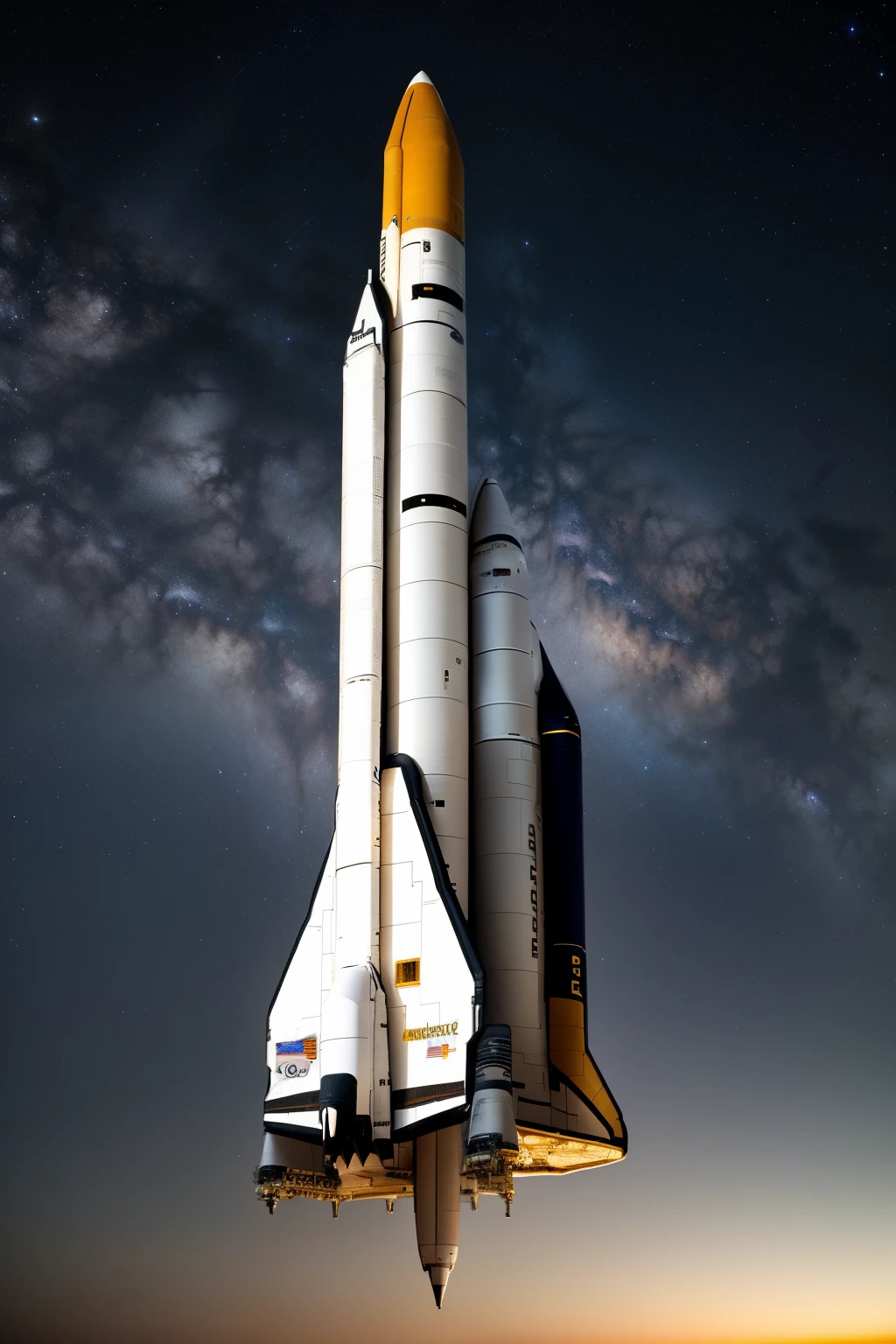 Space shuttle from the year 2300, majestically taking off from Earth against the backdrop of a midnight sky. Stars and galaxies twinkle faintly in the darkness, a silent witness to the marvel of human achievement. The overall atmosphere is one of awe and excitement, punctuated by the deafening roar of the shuttle's engines and the soft, ethereal glow of cosmic wonders beyond. Hyper-detailed photography captures every intricate facet of the shuttle's sleek, futuristic design, as well as the intricate dance of starlight and shadow. A scene of astounding beauty and grandeur, this image will undoubtedly leave a