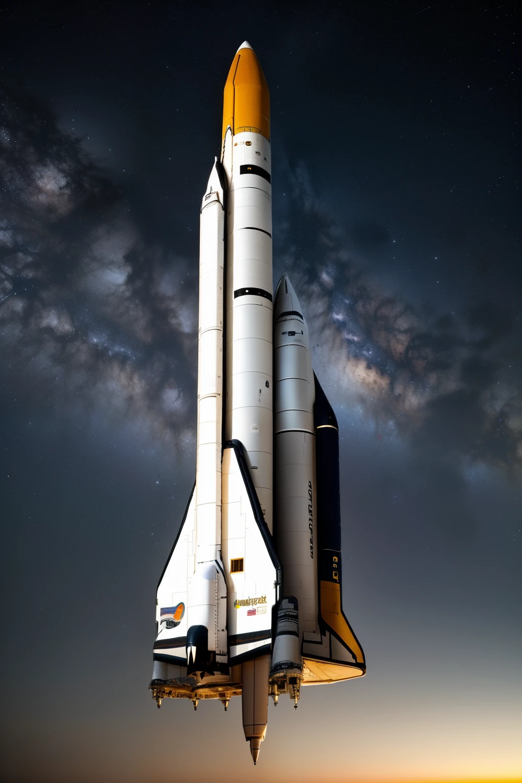 Space shuttle from the year 2300, majestically taking off from Earth against the backdrop of a midnight sky. Stars and galaxies twinkle faintly in the darkness, a silent witness to the marvel of human achievement. The overall atmosphere is one of awe and excitement, punctuated by the deafening roar of the shuttle's engines and the soft, ethereal glow of cosmic wonders beyond. Hyper-detailed photography captures every intricate facet of the shuttle's sleek, futuristic design, as well as the intricate dance of starlight and shadow. A scene of astounding beauty and grandeur, this image will undoubtedly leave a