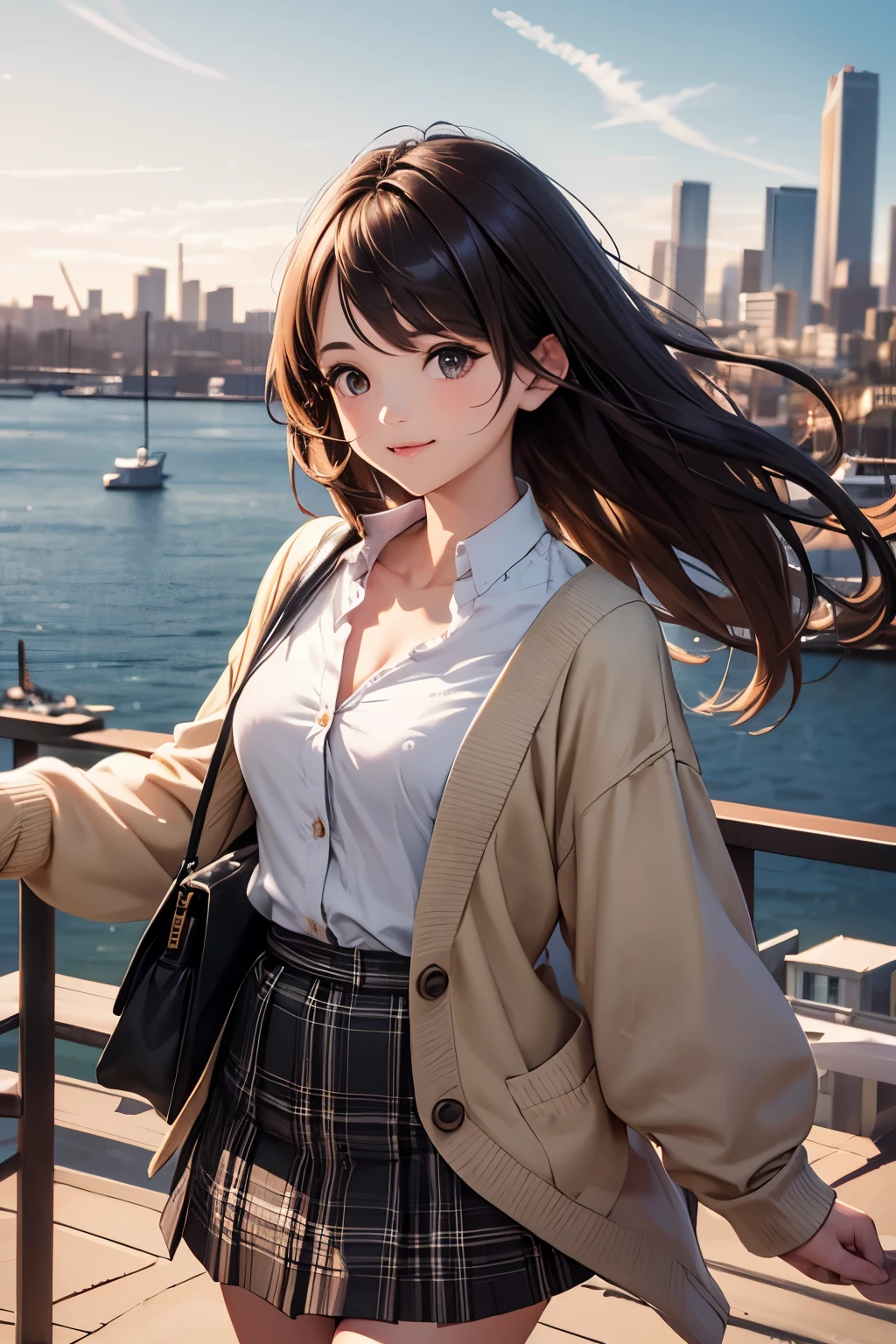 very cute and beautiful girl,teen,(highly detailed beautiful face and eyes:1.2),(gray blouse),smile, cowboy shot,(red cardigan:1.2),long sleeve BREAK zettai ryouiki,(brown shoulder bag),(plaid brown mini skirt:1.3), dynamic pose,wavy hair,black hair,(black boots:1.2), (Yokohama:1.2),(port town,cityscape overview:1.2),detailed landscape,walking, (best quality,masterpiece:1.2),absurdres,highres,ultra-detailed,extremely detailed,32k,8k resolution, intricate details,cinematic scene,detailed background,solo,dynamic angle, hair fluttering in the wind,beautiful detailed sky,