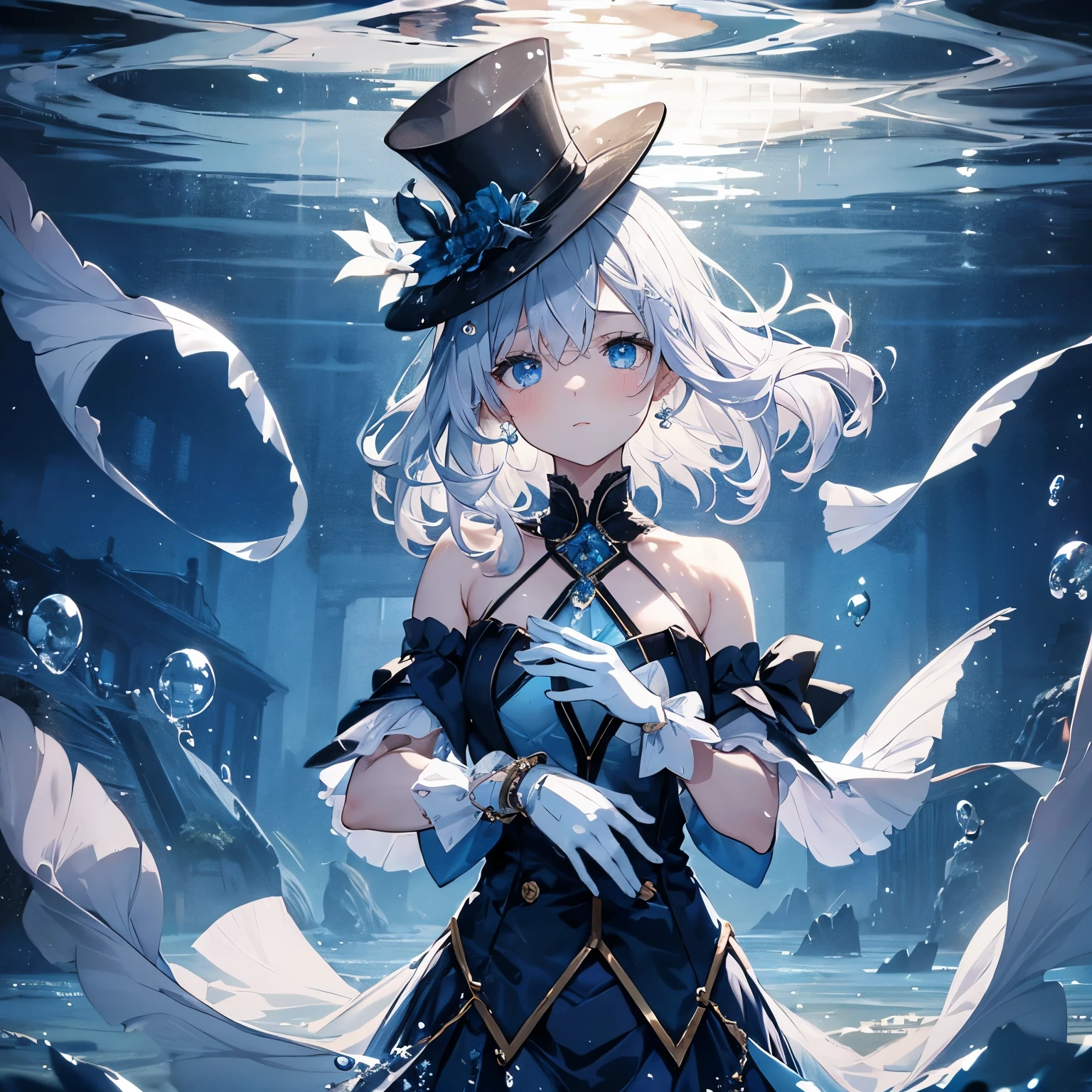 In the midst of a poignant scene, a young girl with short, white hair finds herself submerged in water, embodying a profound sense of sadness. Her locks, resembling freshly fallen snow, gently sway in the underwater current. Heterochromia graces her eyes with a captivating duality – one eye a deep, dark blue, while the other sparkles in a lighter, almost ethereal shade.

Adorned in a unique ensemble, she wears a stylish blue top hat adorned with intricate golden details, serving as a distinctive accessory to her elegant appearance. A deep blue blazer drapes over her shoulders, and a short white skirt with a graceful blue accent along the side complements her attire. Her ensemble is completed with gloves that add a touch of refinement.

The girl strikes an elegant pose despite the water surrounding her, as if the aquatic environment is but a backdrop to her silent sorrow. Her expression, etched with sadness, hints at a story untold, a narrative of emotions as deep and vast as the waters around her.

As she submerges, the water seems to embrace her form, creating a surreal dance of elegance and melancholy. The overall image captures a moment of beauty amidst sorrow, leaving observers to ponder the emotions that ebb and flow in the submerged scene.