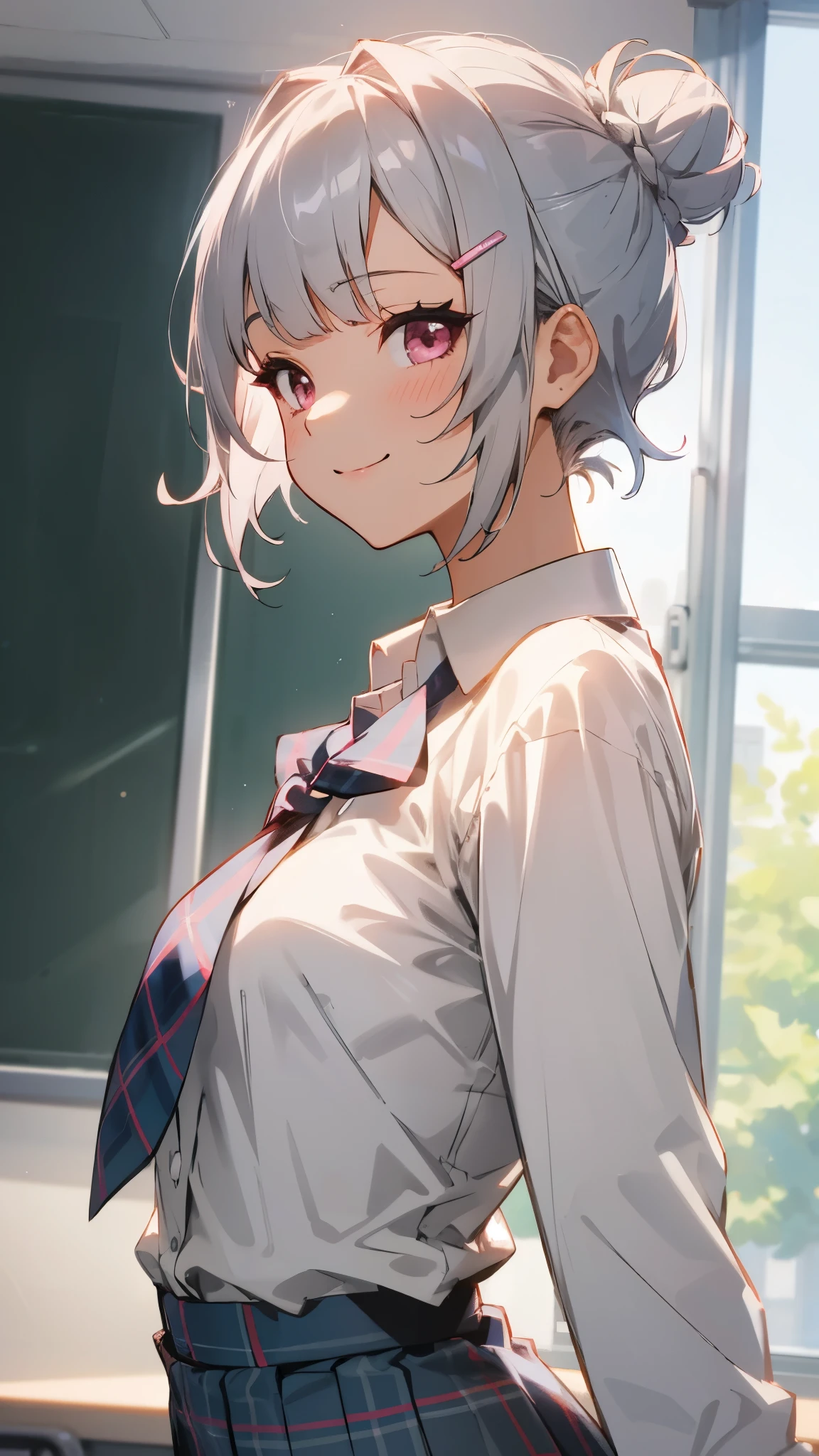 silver short hair and bob hair、Hair tied up in a bun with a hair clip、pink eyes、White blouse shirt、Tartan checked skirt、Upper body、From the side、smile、After-school classroom