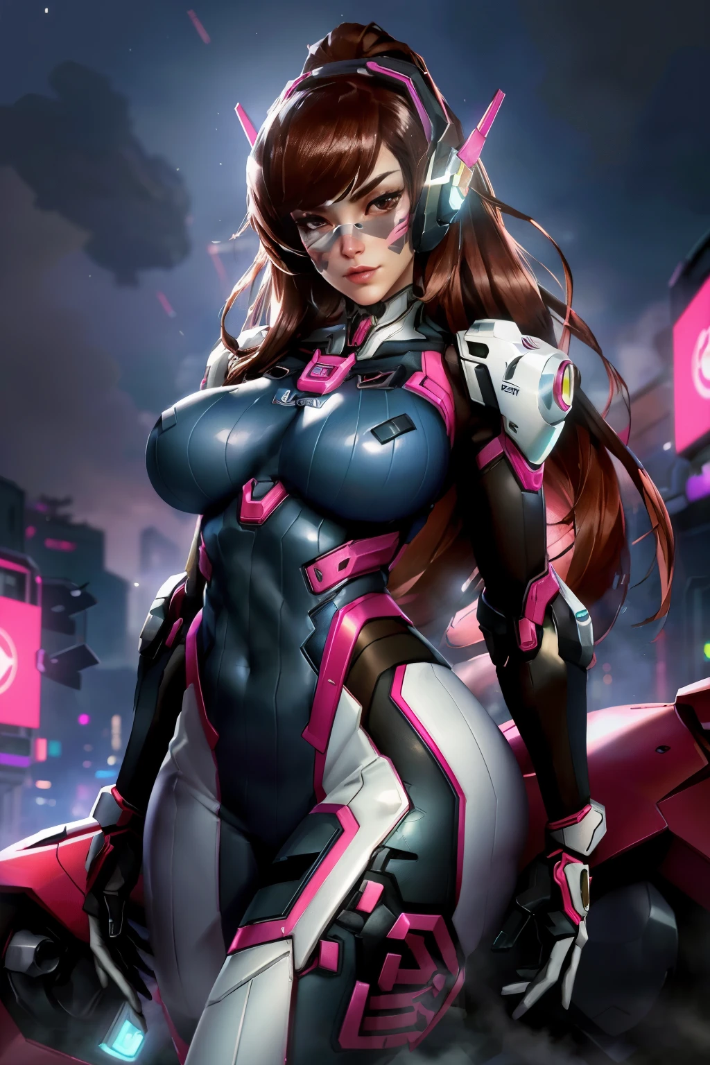 (masterpiece, best quality, ultra detailed, absurdres)1.5, 1girl, (sexy, beautiful woman, perfect face, perfect eyes, perfect female body, huge breasts)1.5, (dvaover, d.va \(overwatch\), long hair, brown hair,  headphones, ribbed bodysuit, v, whisker markings, facepaint, white gloves, facial mark, pink lips, high collar, shoulder pads, ), (standing, meka \(overwatch\), robot, science fiction, Korean city in background, night sky), perfect lighting, smooth, hdr, nacked, NFSW, adult, without clothes 