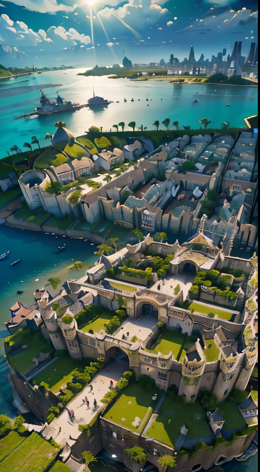 (best quality,4k,8k,highres,masterpiece:1.2), ((((((fortified city on an island)))))), moss-covered buildings, dramatic lighting, birds-eye view, gothic architecture, vibrant colors, vibrant street life, intricate details, (gothic style), ancient fortified walls on the seaside, ultra-detailed,