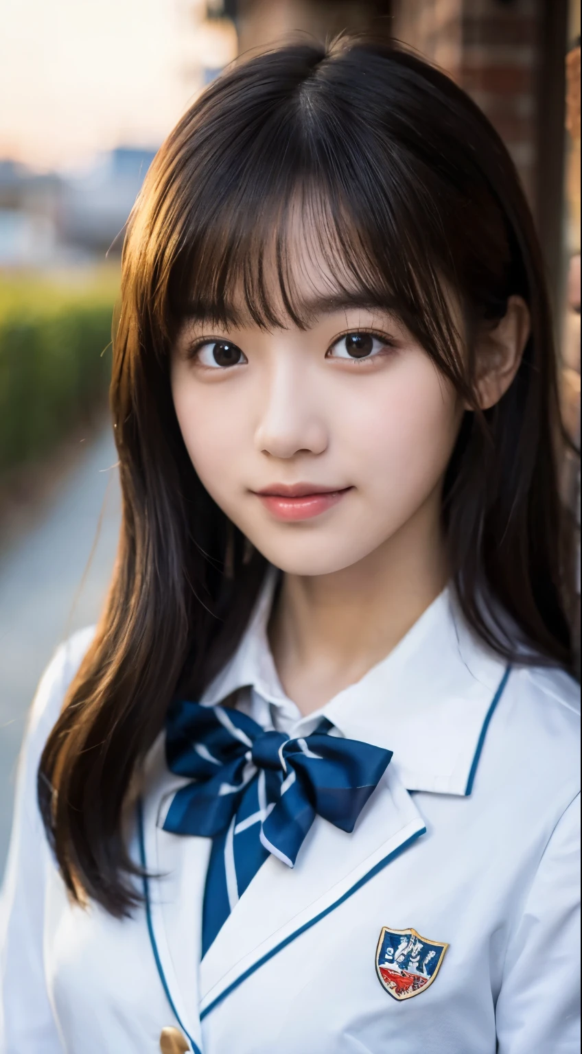 (highest quality,8K quality,masterpiece:1.3),(ultra high resolution,photorealistic:1.4,Live shooting),(Super detailed,caustics,detailed background),(ultra-realistic capture,Beautifully detailed skin,perfect anatomy),at dusk,Sunset sky,school building,schoolyard,18-year-old,cute,single eyelid,black long hair,School Blazer Uniform,Looking at the camera,A sloppy smile,bust up shot,Natural light