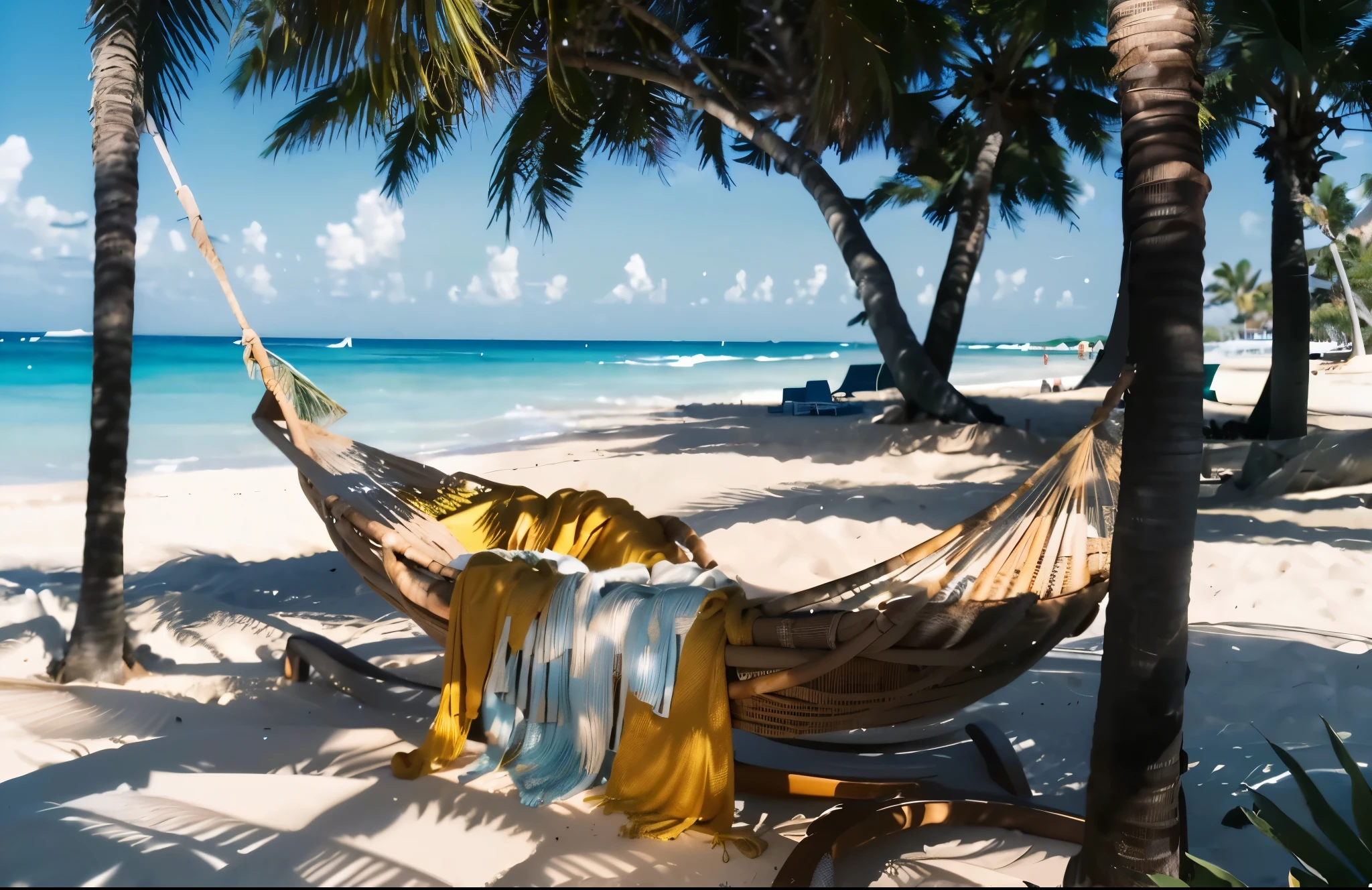 There is a hammock on the beach,There are palm trees, Draped in shining gold and silver, serene beach environment,golden background,carribean white sand, relaxing on the beach, relaxing at the beach, Close to the beach, real reality images