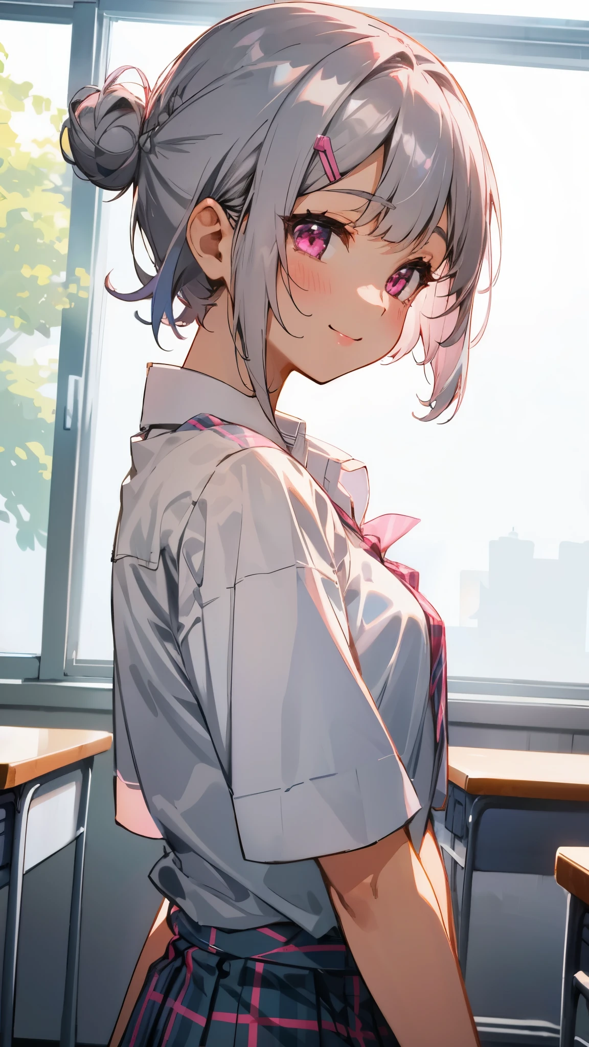silver short hair and bob hair、Hair tied up in a bun with a hair clip、pink eyes、White blouse shirt、Tartan checked skirt、Upper body、From the side、smile、After-school classroom