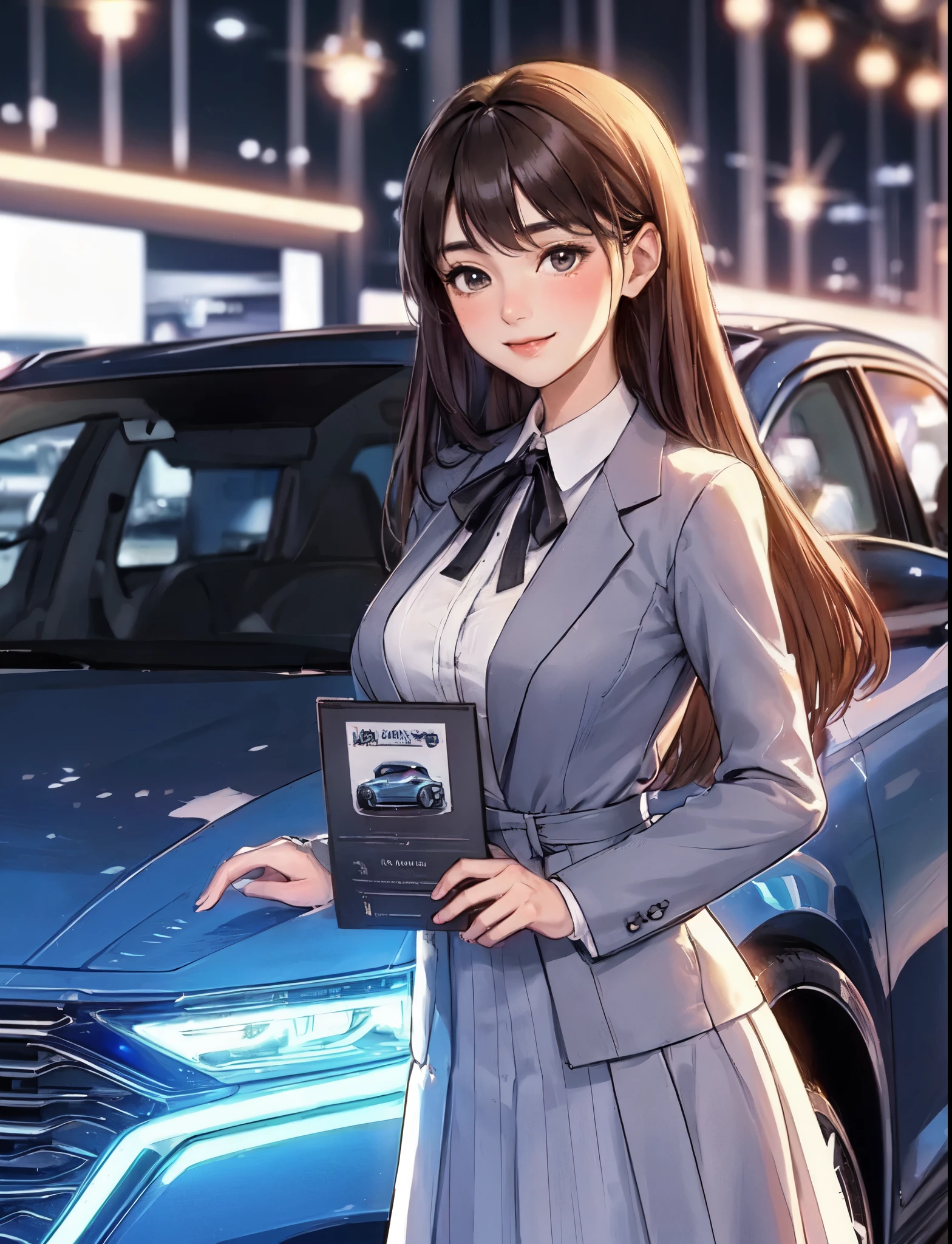 1lady solo standing, event staff (simple and chic costume), mature female, /(dark brown hair/) bangs, blush kind smile, (masterpiece best quality:1.2) delicate illustration ultra-detailed, large breasts BREAK (standing next to the latest model car), (holding pamphlet) BREAK (motor show indoors), audience, detailed background