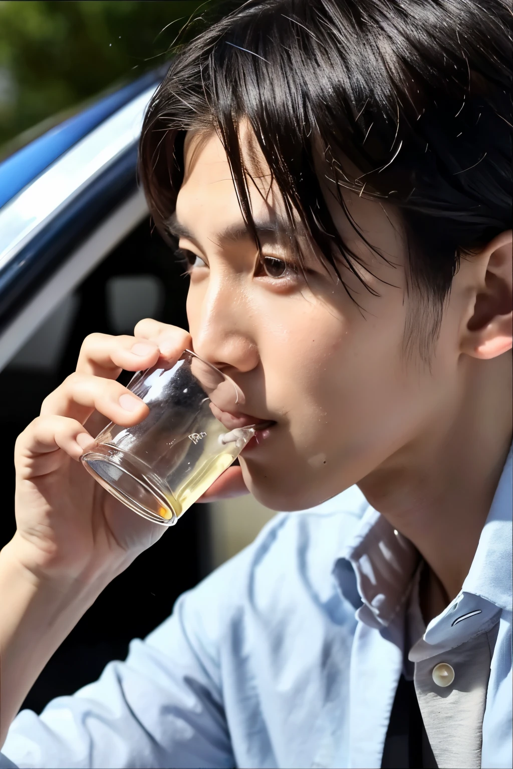 ((best quality)), ((masterpiece)), (detailed), perfect faceA handsome boy is drinking car today