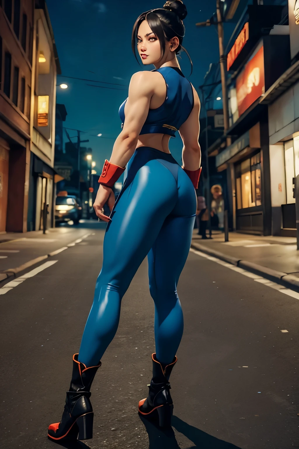 (Muscular:1.7), (thick thighs:1.8),
(asian female:1.5), (Taki2), (black hair), ponytail, angry,
(hard nipples:0.9), (small breasts),
eyeshadow, red lips, (red, sleeveless, skintight red fullbody suit:1.5), ninja, fingerless gloves, (mesh:1.2), (armor), bare shoulders, gauntlets
(looking at viewer), three quarter view, (zoomed in),
(japanese arena:1.2), dim lighting, detailed skin, detailed eyes