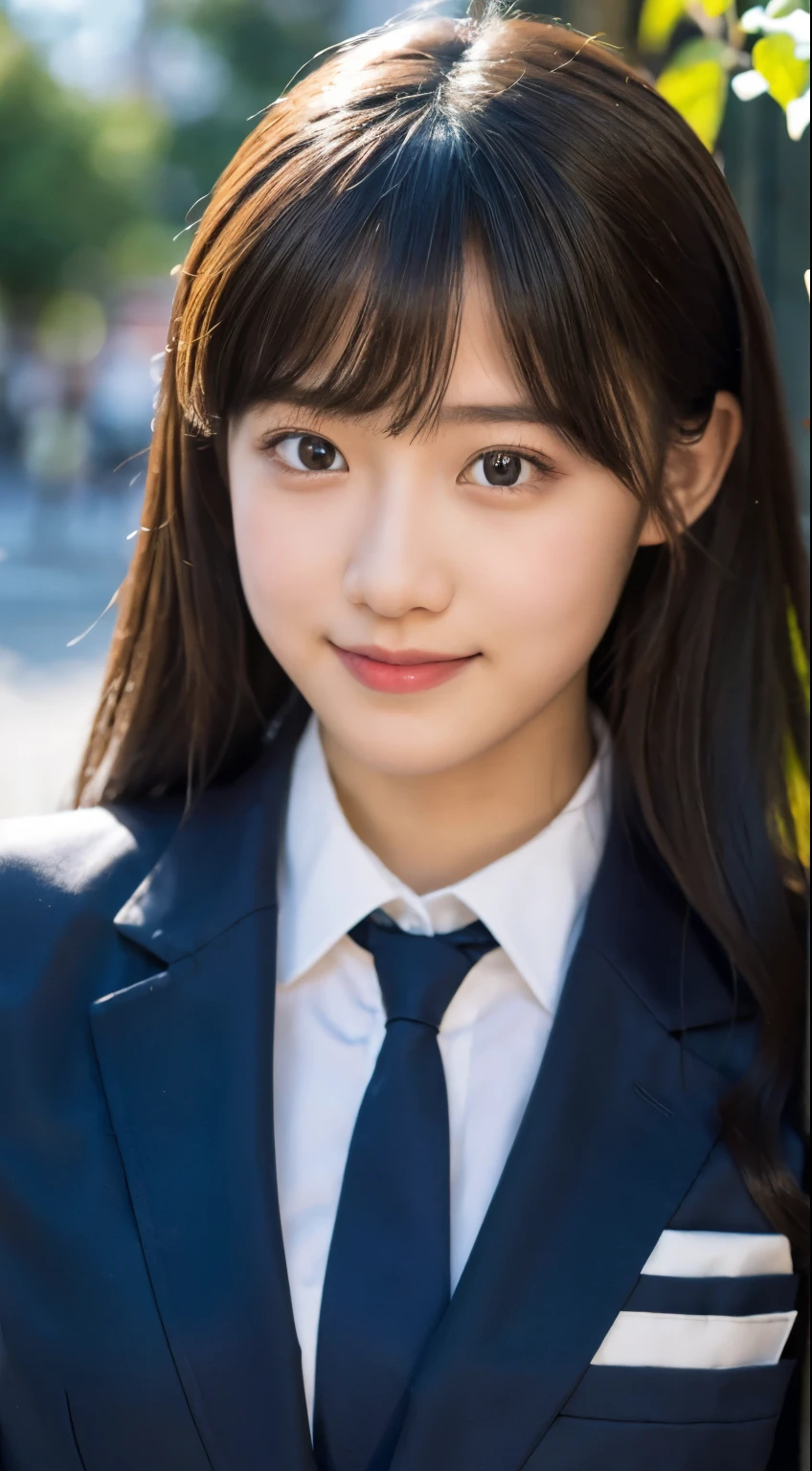 (highest quality,8K quality,masterpiece:1.3),(ultra high resolution,photorealistic:1.4,Live shooting),(Super detailed,caustics,detailed background),(ultra-realistic capture,Beautifully detailed skin,perfect anatomy),at dusk,Sunset sky,school building,schoolyard,18-year-old,cute,single eyelid,black long hair,School Blazer Uniform,Looking at the camera,A sloppy smile,bust up shot,Natural light