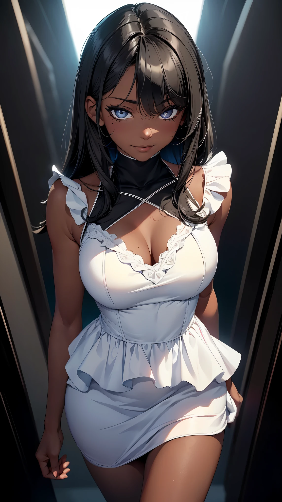 (8K, RAW photo, 最high quality, masterpiece:1.2), High-definition RAW color photo, Professional photo shoot, cinematic light, alone, (((young woman,beautiful black woman, ebony 1 female))), (Sharp features), (small face), (high detail skin:1.2), clavicle, cute face, beautiful appearance, long eyelashes, (rainbow hair), beautiful breasts, (slim body shape:1.4), very detailed顔と肌の質感, detailed eyes, double eyelid, look sideways, comb your hair with both hands, ((Deep ebony:1.2, black skin:1.2)), ((long bangs on one side, asymmetrical bangs, One eye hides)), slender body, ((open your mouth and smile:1.2, upward glance)), big breasts, normal hip joint, cowboy shot, composition from above, (((White layered dress:1.2))), nightclub background, staring eyes, shiny skin, perfect fingers, five fingers, anatomically correct, background bokeh, high quality, surreal, bright colors, ((very detailed, photo shoot)),