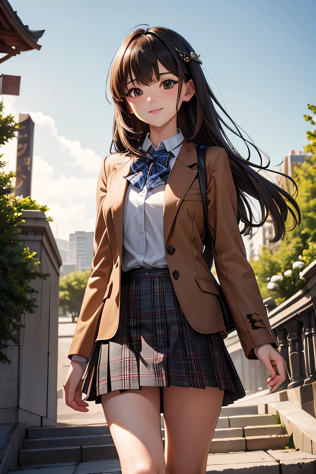 very cute and beautiful girl,(very detailed美しい顔と目:1.2),smile,cowboy shot,
(brown jacket:1.2),collared shirt,Checkered bowtie BREAK Detailed legs,zettai ryouiki,Brown shoulder bag,brown boots,
stylish pose,dynamic angle,hair ornaments,black hair,(blue plaid miniskirt:1.2),Rose garden arbor,stone steps,
(highest quality,masterpiece:1.2),disorganized,High resolution,super detailed,very detailed,32K,8K resolution,
intricate details,movie-like scene,detailed background,alone,dynamic angle,
alone,Natural light,hair blowing in the wind,beautiful and detailed sky,