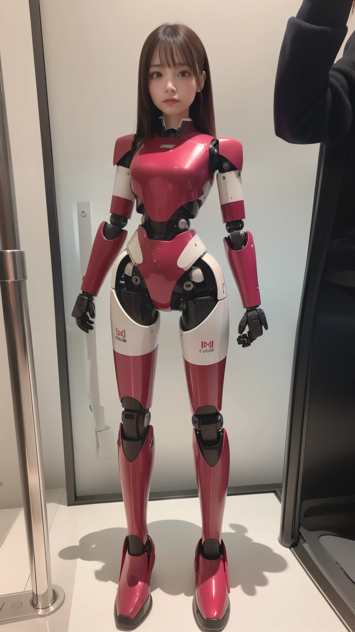 (Photorealsitic:1.4)、One girl、(top-quality)、(hyperdetailed face)、(Super well-formed face)、((Robot Parts))、(Robot Girl)、(Blue)、(pink there)、(Burgundy)、(metallic)、(full body)、(sexy  pose)、(Slender body)、(Model body type)、(full body mech)、(mechanical exposure)、(Akihabara)、(is looking at the camera)、(Brown hair)、(Well-proportioned body)、(a small face)、(a small head)、(Idol)、(front facing)、(Standing with legs open)、(Photo session)、(Looks sad)、(Perfect Robot Girl)、(Perfect machine body)