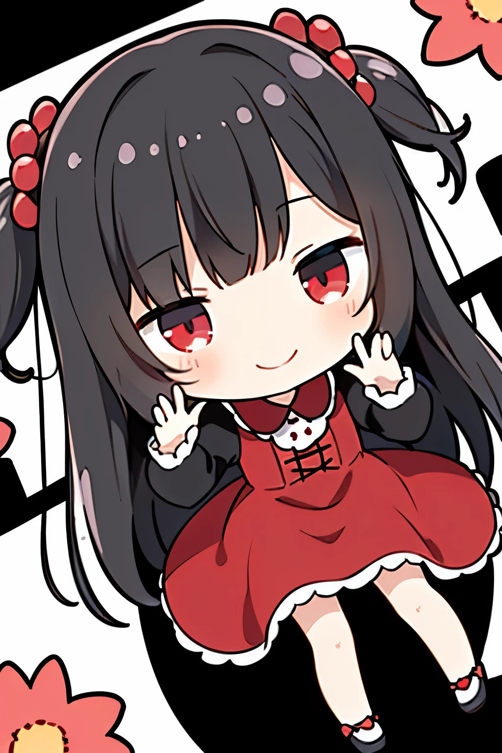 Photoreal、((Use white, black, and red))、doll、((dollの柔らかさを強調))、smile、In a cute pose、look up、look up、put your hands out in front of you、There are flowers in the front too...、wear cute shoes、season!!: summer ☀ 🍂