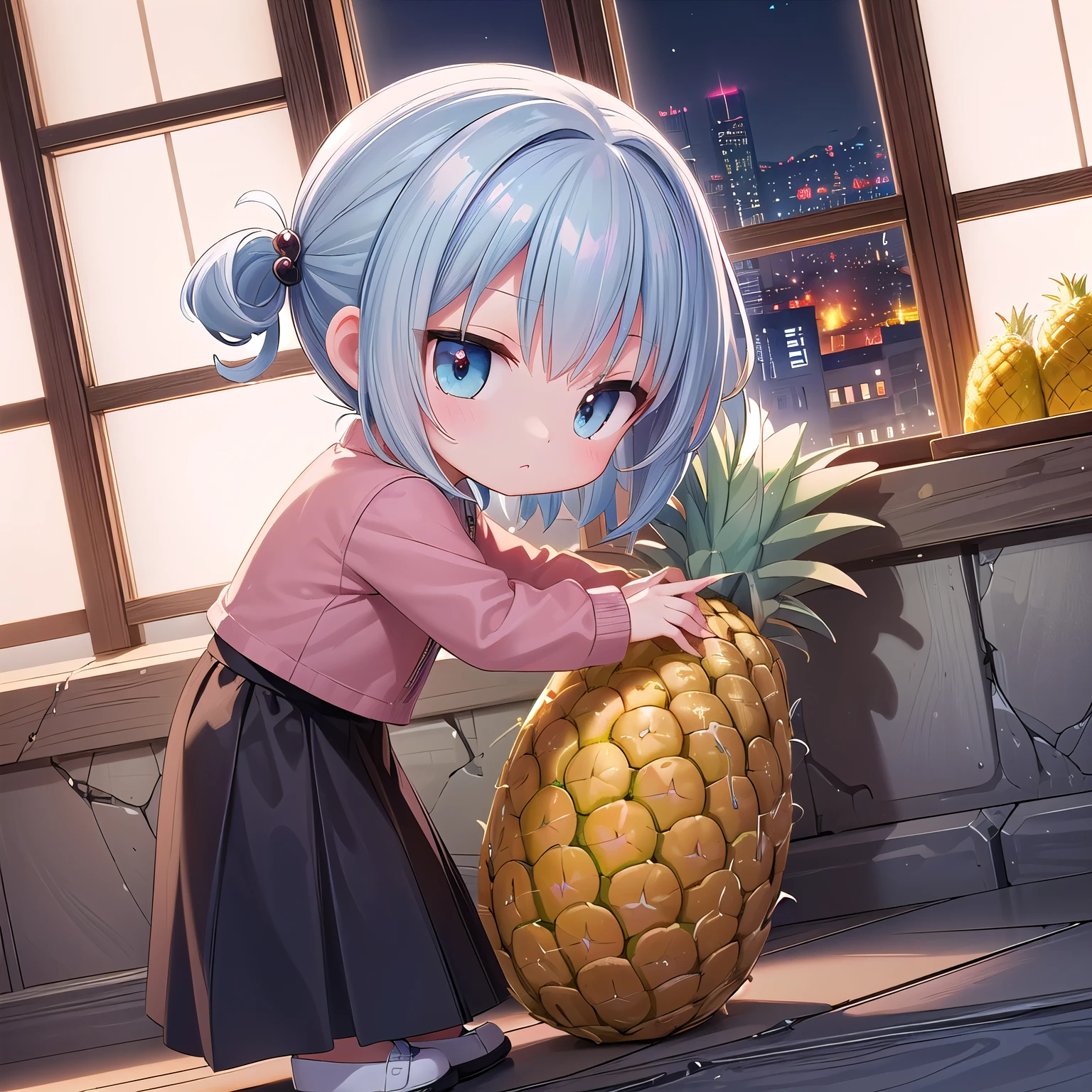 ((Chibi, miniature, REAL, pineapple, 3DCG, Nendoroid, 1 girl: 1.3)) ,(Masterpiece, almond-shaped eyes, glossy white-blue hair, short chignon hair, top quality, carefully drawn fingertips, beautiful anatomy : 1.4), (full body: 1.3), (Red cheeks, indifference, no expression, hair blowing in the wind: 1.2), (Slim and warm clothes, baggy clothes,warm long skirt,food Parker one piece,Celebrity Lifestyle: 1.2), (night,side angle,pineapple building,stone wall,Window,tea room:1.3)