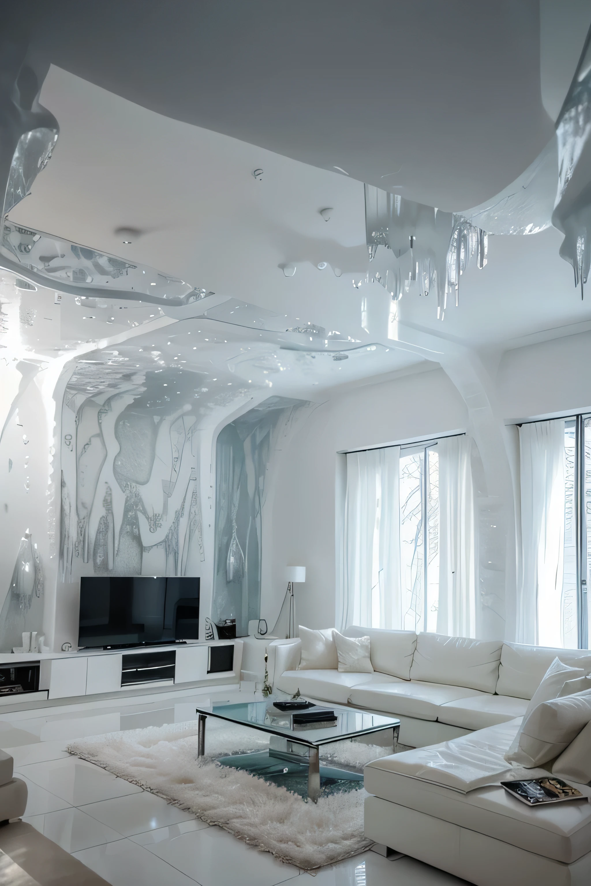an image of an aesthetic living room, modern design. frozen like an ice cave with stalactites and stalagmites. icicles formed all around. indoor. white lighting