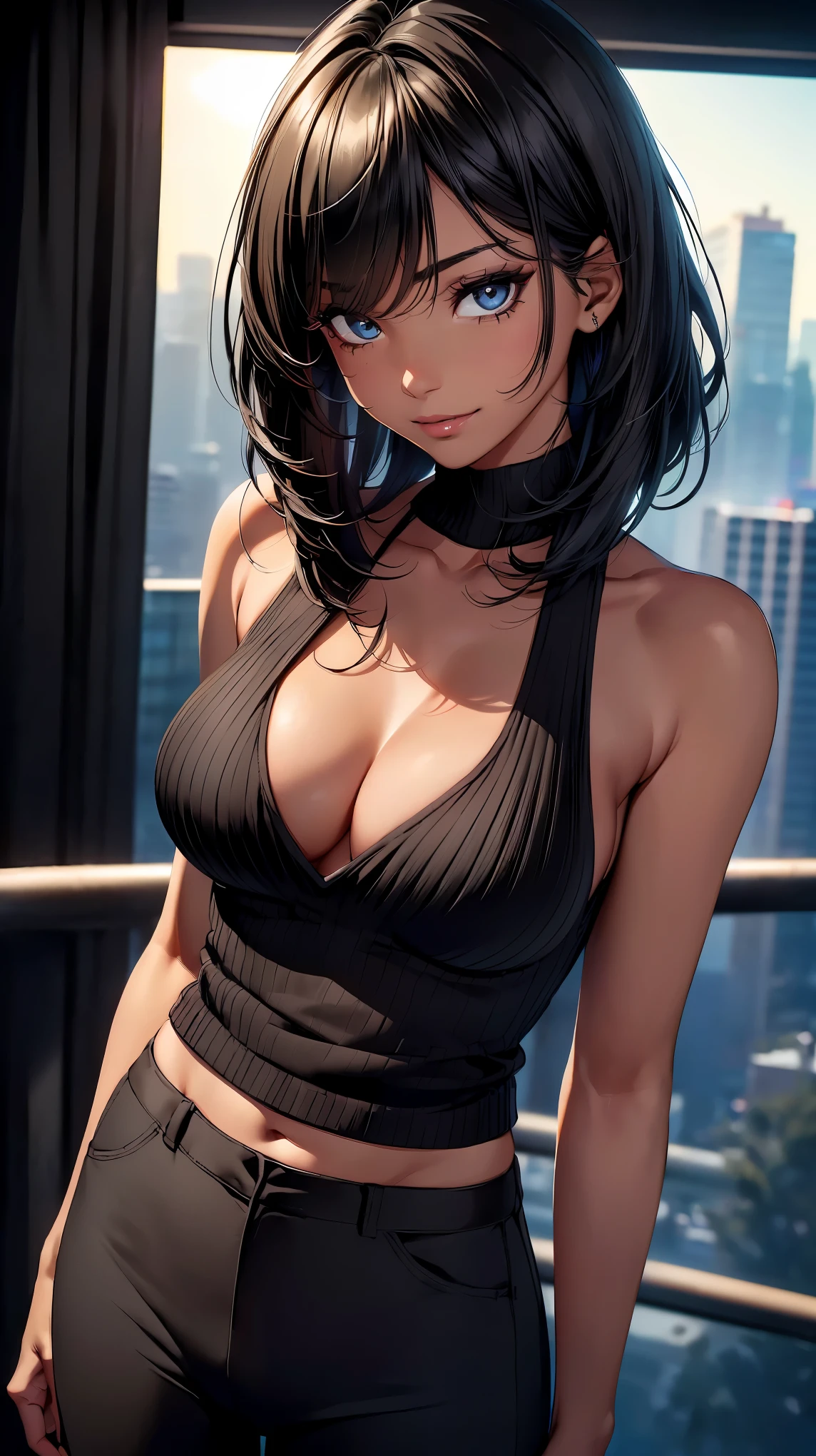 (8K, RAW photo, 最high quality, masterpiece:1.2), High-definition RAW color photo, Professional photo shoot, cinematic light, alone, (((young woman,beautiful black woman, ebony 1 female:1.2))), (Sharp features), (small face), (high detail skin:1.2), clavicle, cute face, beautiful appearance, long eyelashes, (rainbow hair), beautiful breasts, (slim body shape:1.4), very detailed顔と肌の質感, detailed eyes, double eyelid, look sideways, comb your hair with both hands, ((Deep ebony:1.9, black skin:1.2)), ((long bangs on one side, asymmetrical bangs, One eye hides)), slender body, ((open your mouth and smile:1.2, upward glance)), big breasts, normal hip joint, cowboy shot, composition from above, (((V-neck knit:1.2, Slender pants style))), Beautiful night view background, staring eyes, shiny skin, perfect fingers, five fingers, anatomically correct, background bokeh, high quality, surreal, bright colors, ((very detailed, photo shoot)),