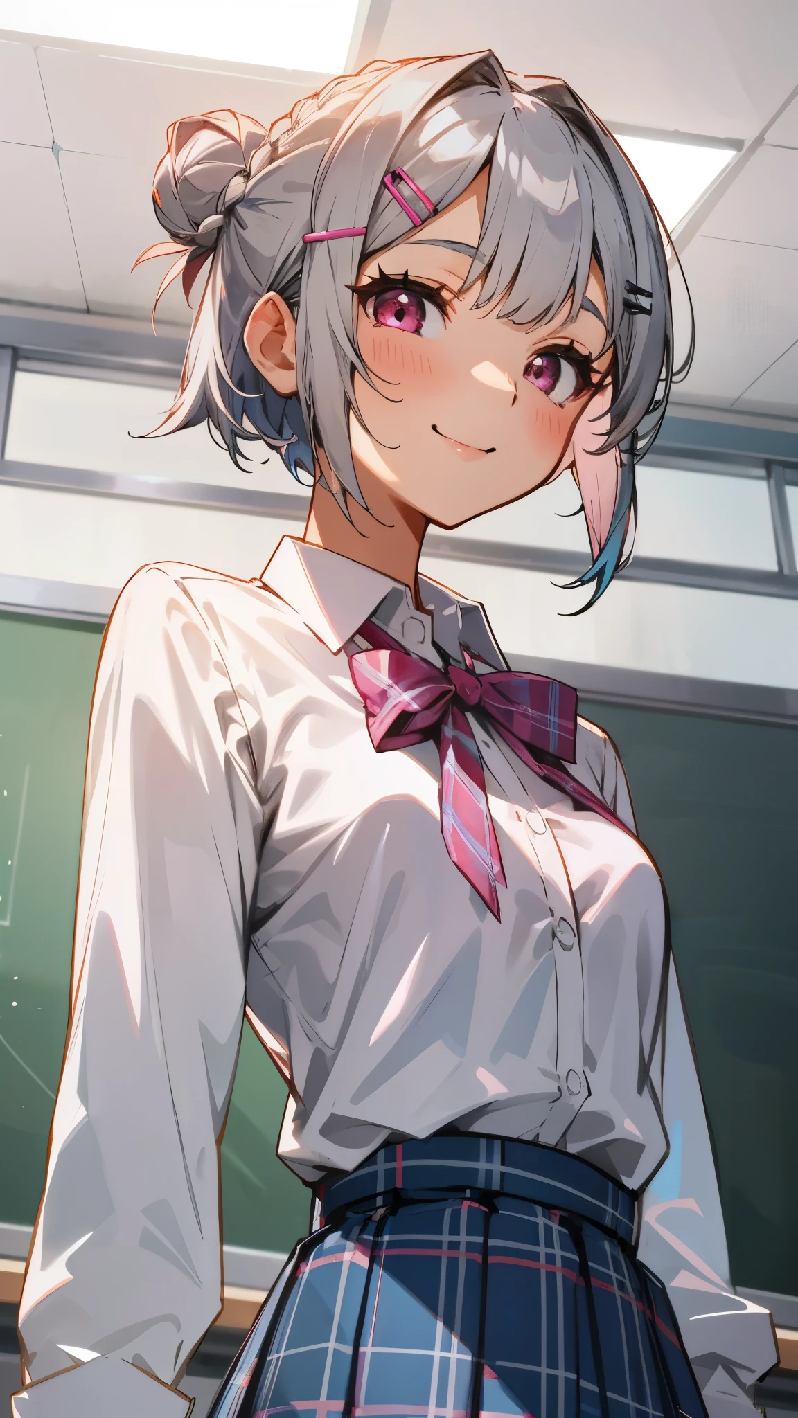 silver short hair and bob hair、Hair tied up in a bun with a hair clip、pink eyes、White blouse shirt、Tartan checked skirt、Upper body、from below、smile、After-school classroom