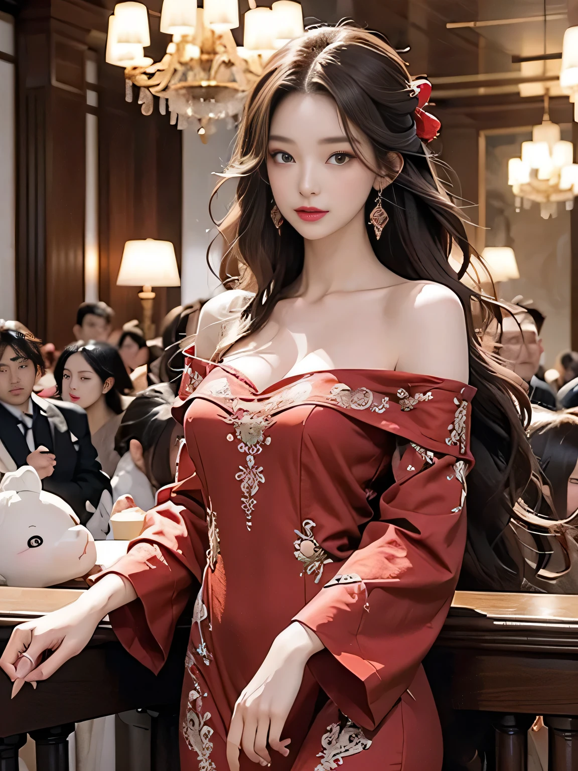 ultra high resolution、super high quality、8K、Detailed details、marvelous expression、1 female、tall slender woman、long brown curly hair、luxurious hair ornament、Red Off Shoulder Dress、Luxury hotel party venue background、