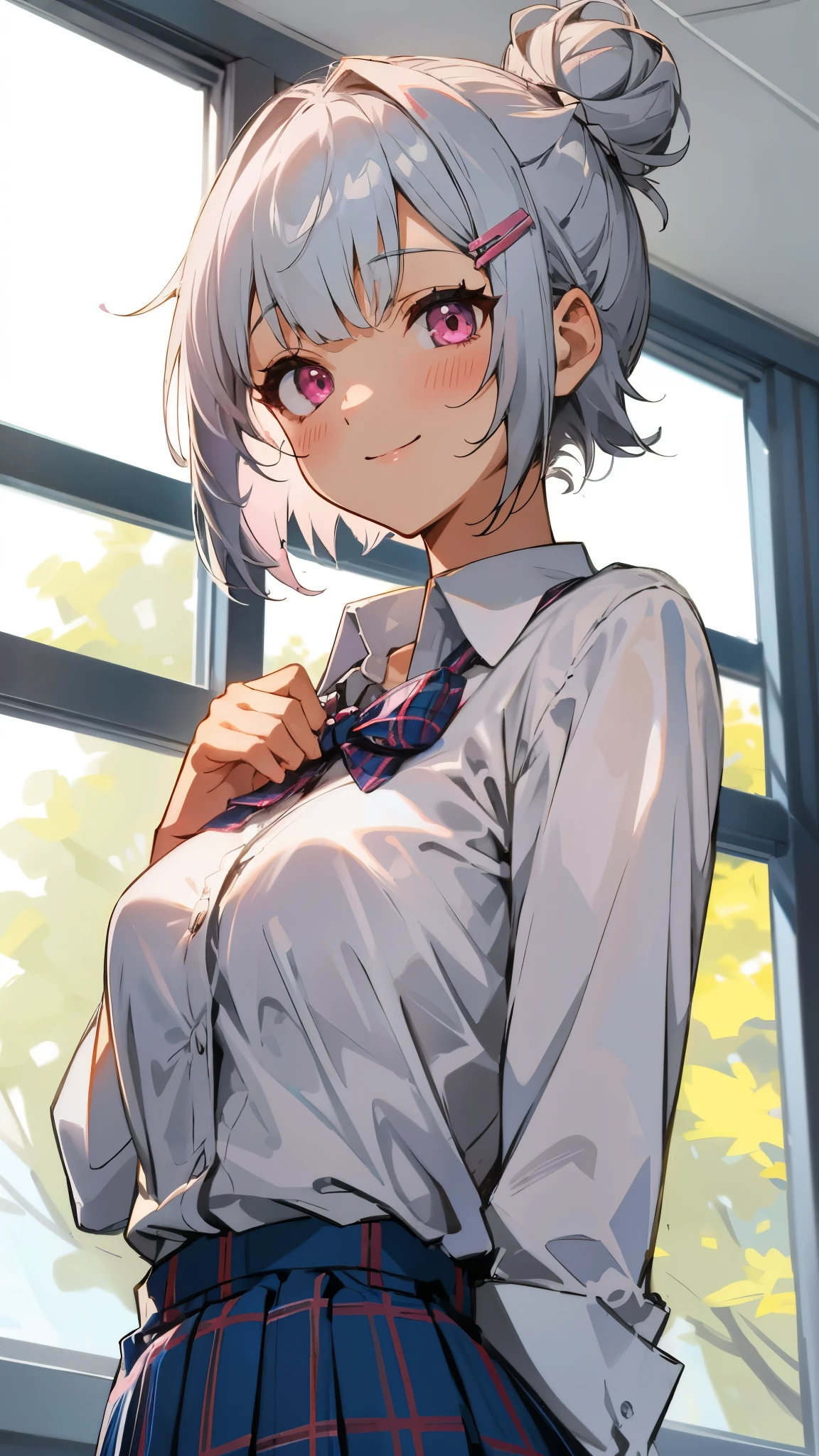 silver short hair and bob hair、Hair tied up in a bun with a hair clip、pink eyes、White blouse shirt、Tartan checked skirt、Upper body、from below、smile、After-school classroom