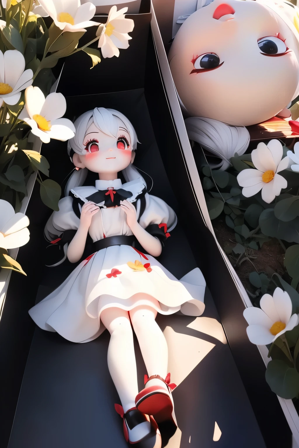 Photoreal、((Use white, black, and red))、doll、((dollの柔らかさを強調))、smile、In a cute pose、look up、look up、put your hands out in front of you、There are flowers in the front too...、wear cute shoes、season!!: summer ☀ 🍂