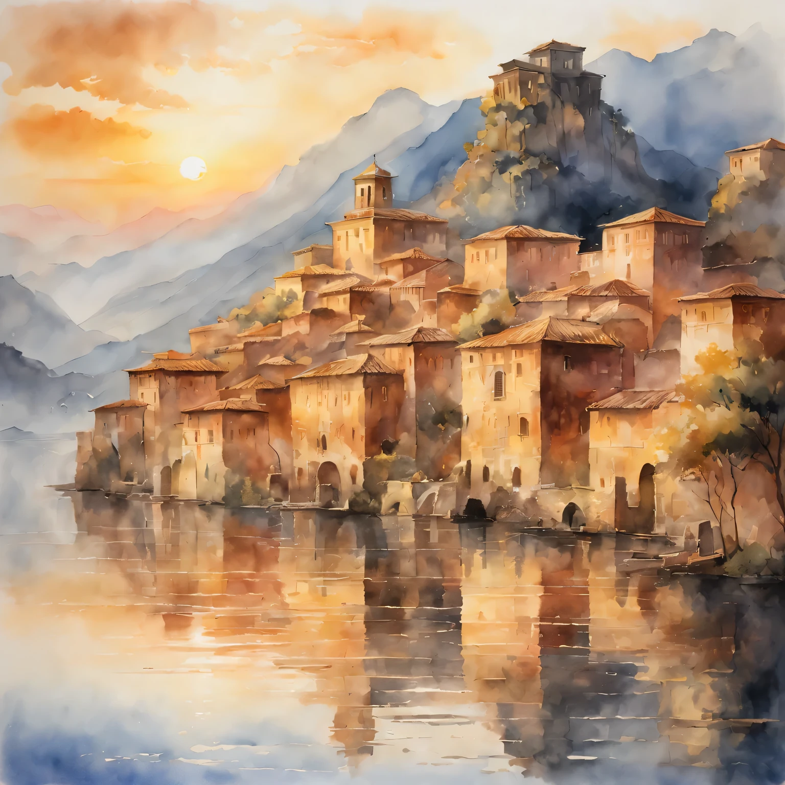 (masterpiece, best quality), traditional watercolor painting：ancient city under sunset，Warm colors，Soft brushstrokes，The game of light and shadow，Reflective water surface，peaceful atmosphere，charm，classic style，romantic atmosphere，Rose，Endless levels，soft edge，Exquisite details，fading light，distant mountains，Bright sky，peaceful