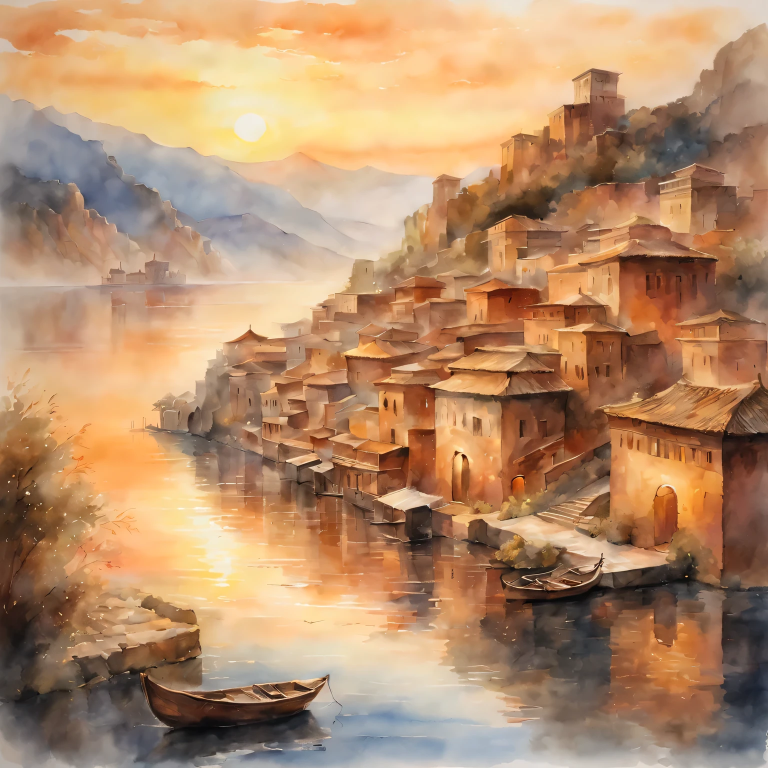 (masterpiece, best quality), traditional watercolor painting：ancient city under sunset，Warm colors，Soft brushstrokes，The game of light and shadow，Reflective water surface，peaceful atmosphere，charm，classic style，romantic atmosphere，Rose，Endless levels，soft edge，Exquisite details，fading light，distant mountains，Bright sky，peaceful